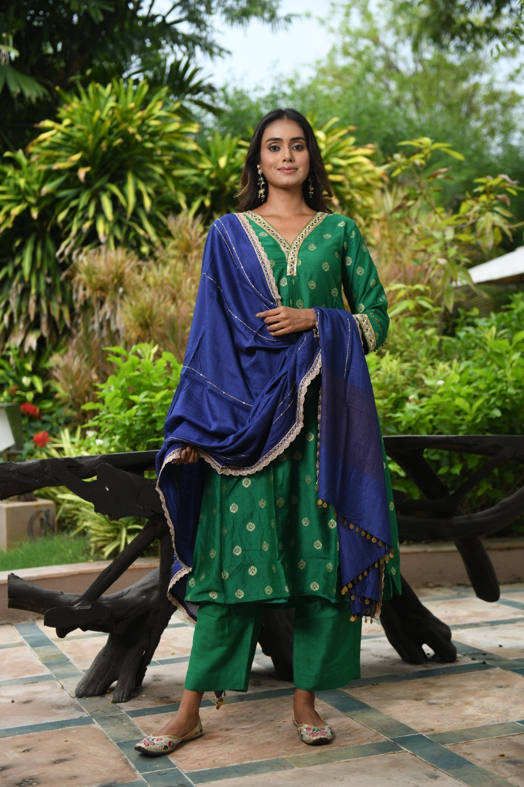 GREEN BANARASI A-LINE RIWAYAT KURTA SET