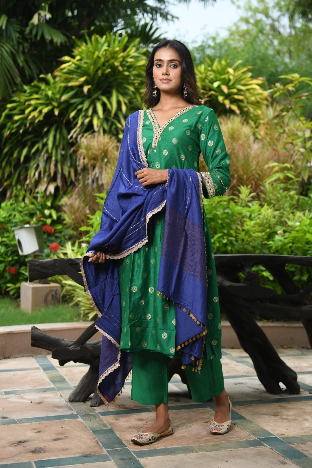 GREEN BANARASI A-LINE RIWAYAT KURTA SET