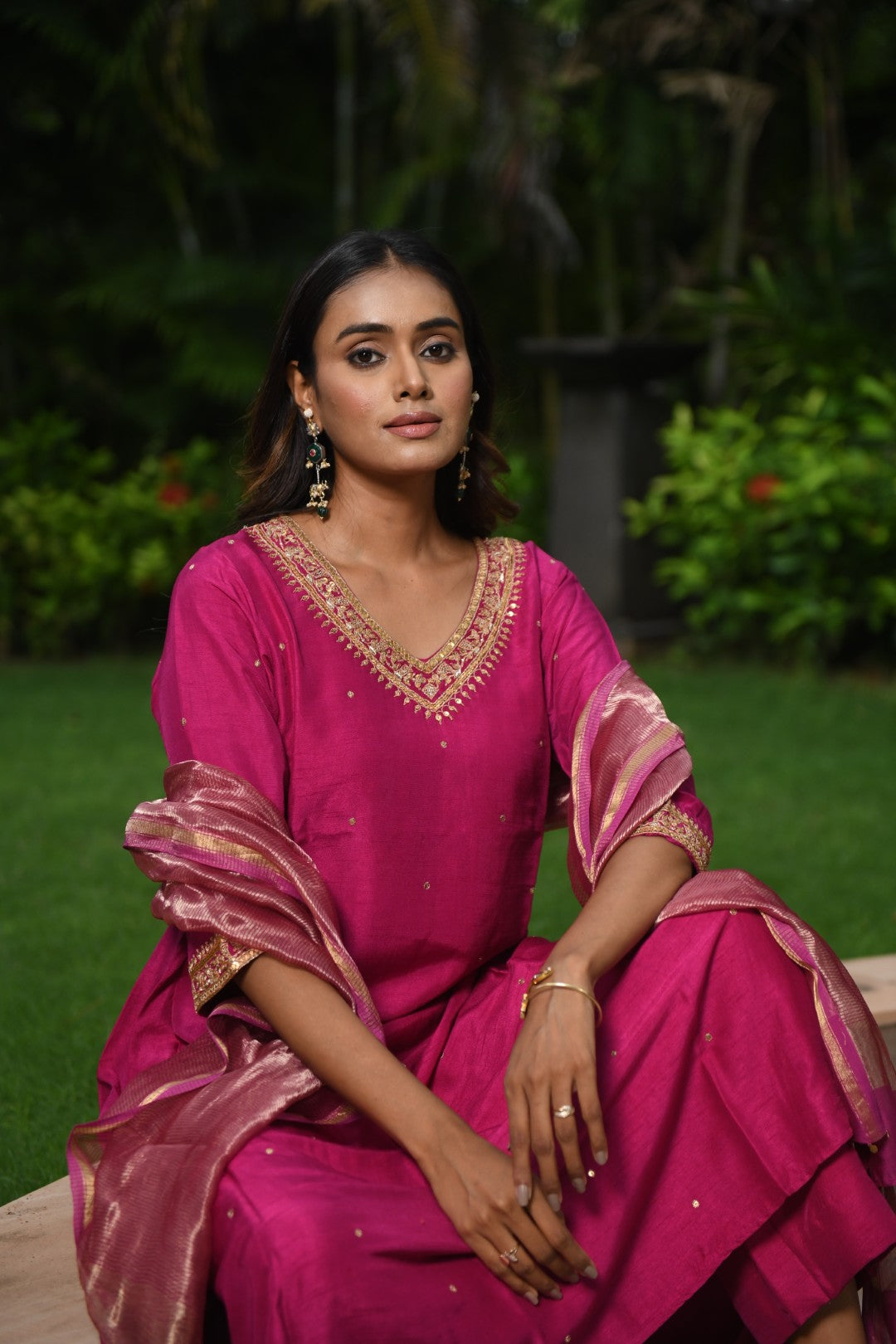 MAGENTA PINK EMBROIDERED A-LINE RIWAYAT KURTA SET