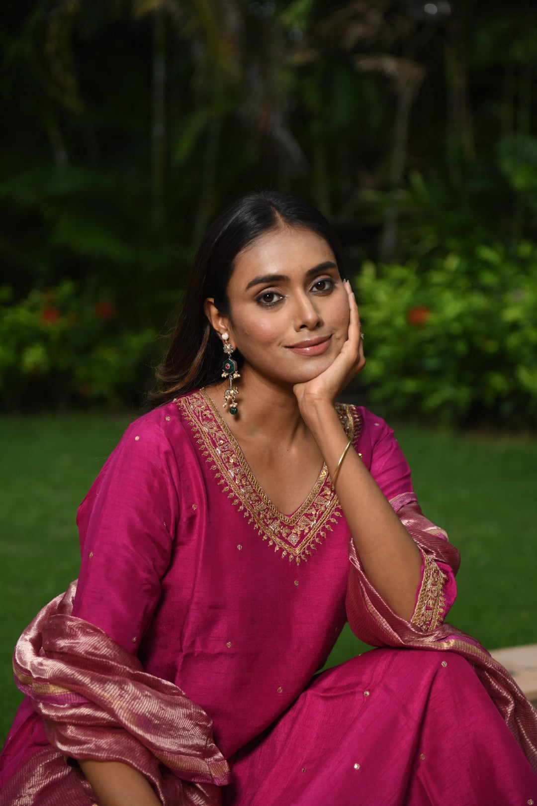MAGENTA PINK EMBROIDERED A-LINE RIWAYAT KURTA SET