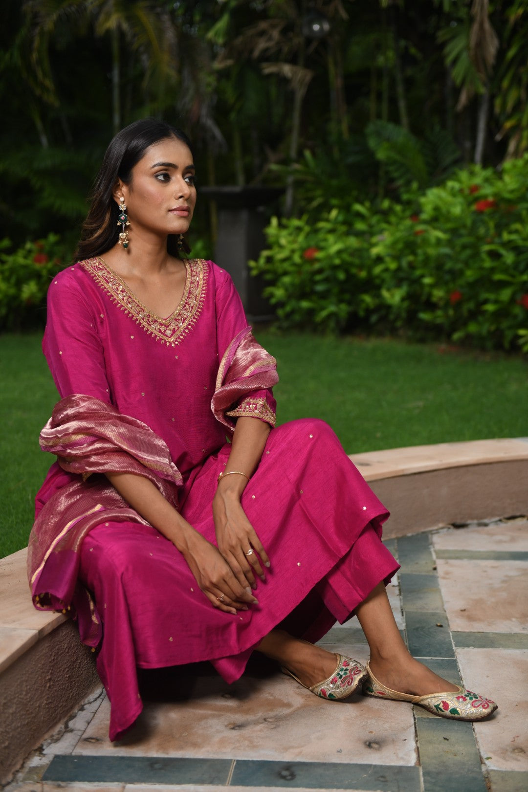 MAGENTA PINK EMBROIDERED A-LINE RIWAYAT KURTA SET