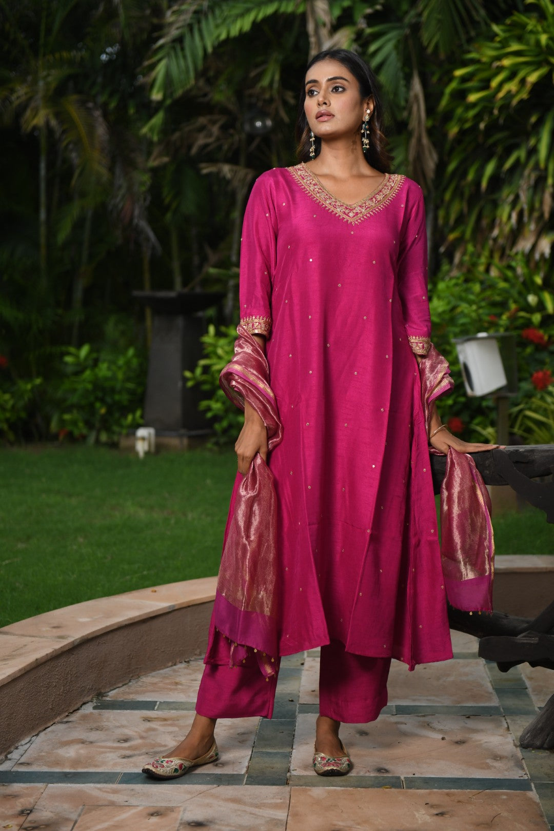 MAGENTA PINK EMBROIDERED A-LINE RIWAYAT KURTA SET