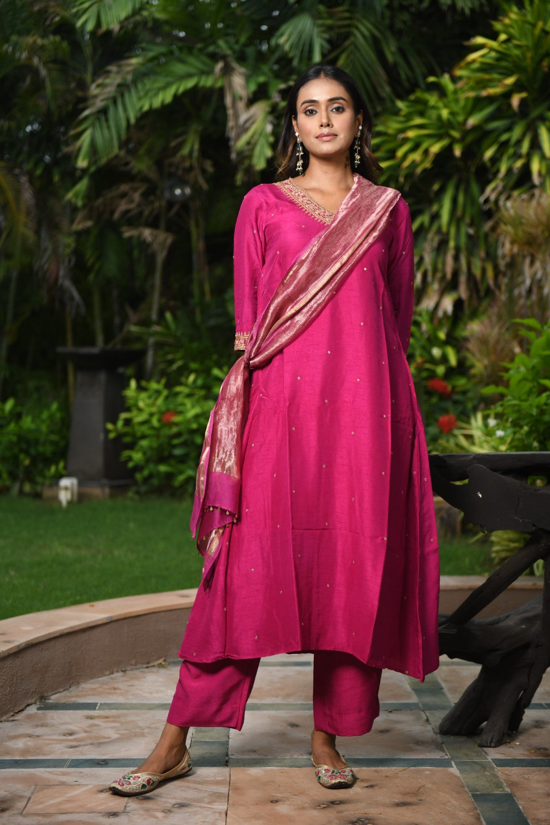 MAGENTA PINK EMBROIDERED A-LINE RIWAYAT KURTA SET