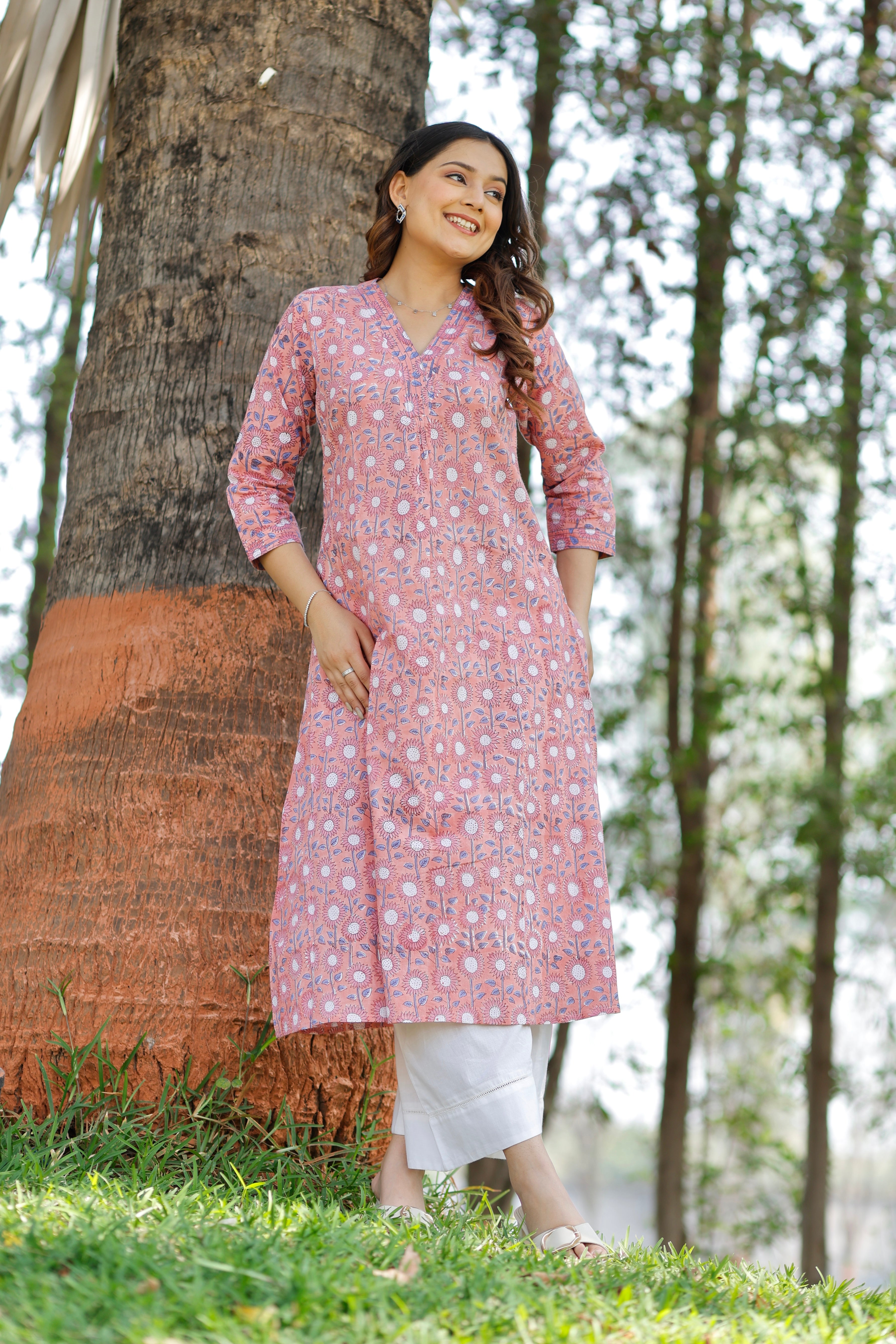 Coral Blush Hand Block Printed Cotton Kurta