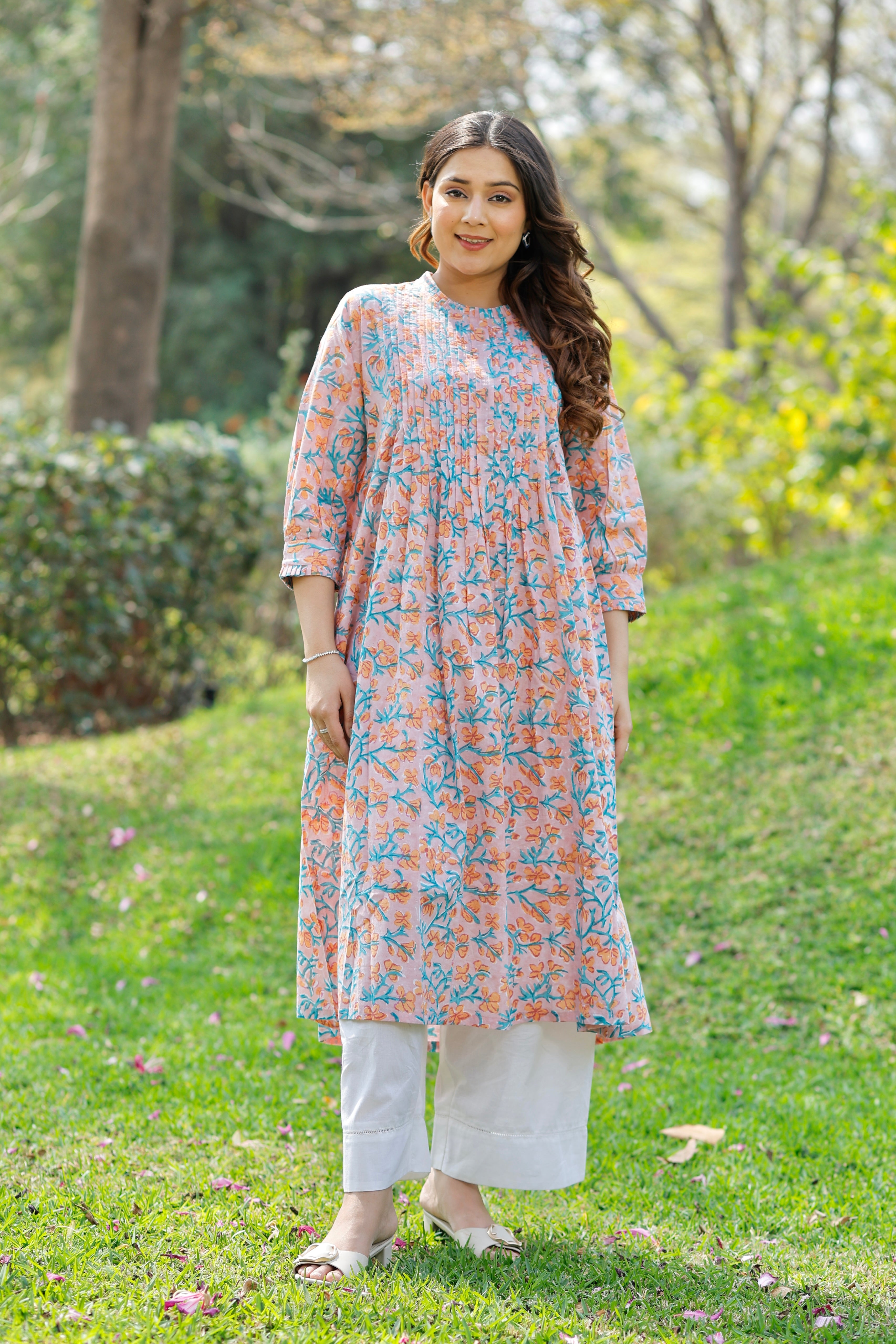 Bloom Peach Hand Block Printed Cotton Kurta