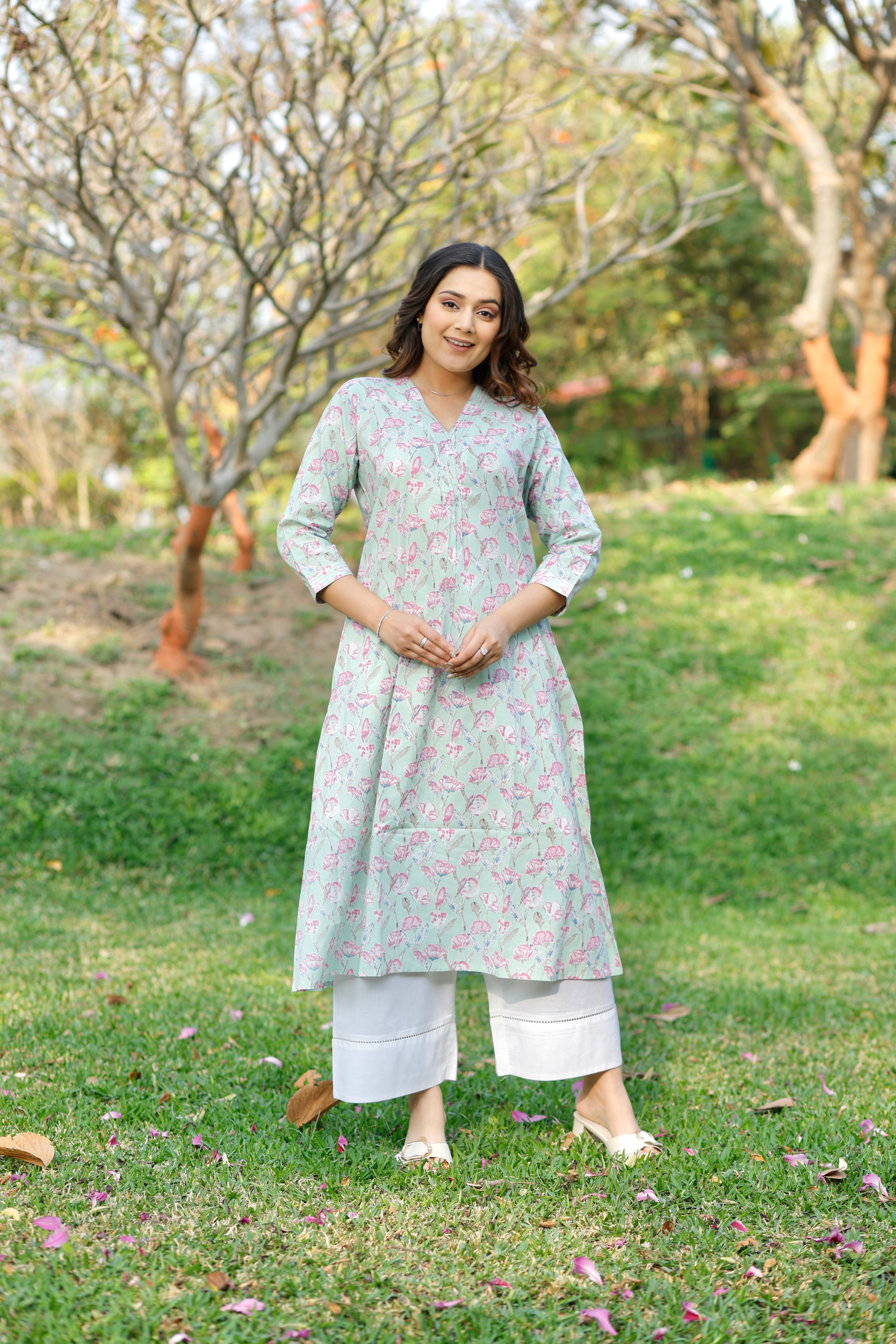 Mint Blossom Printed Cotton Kurta