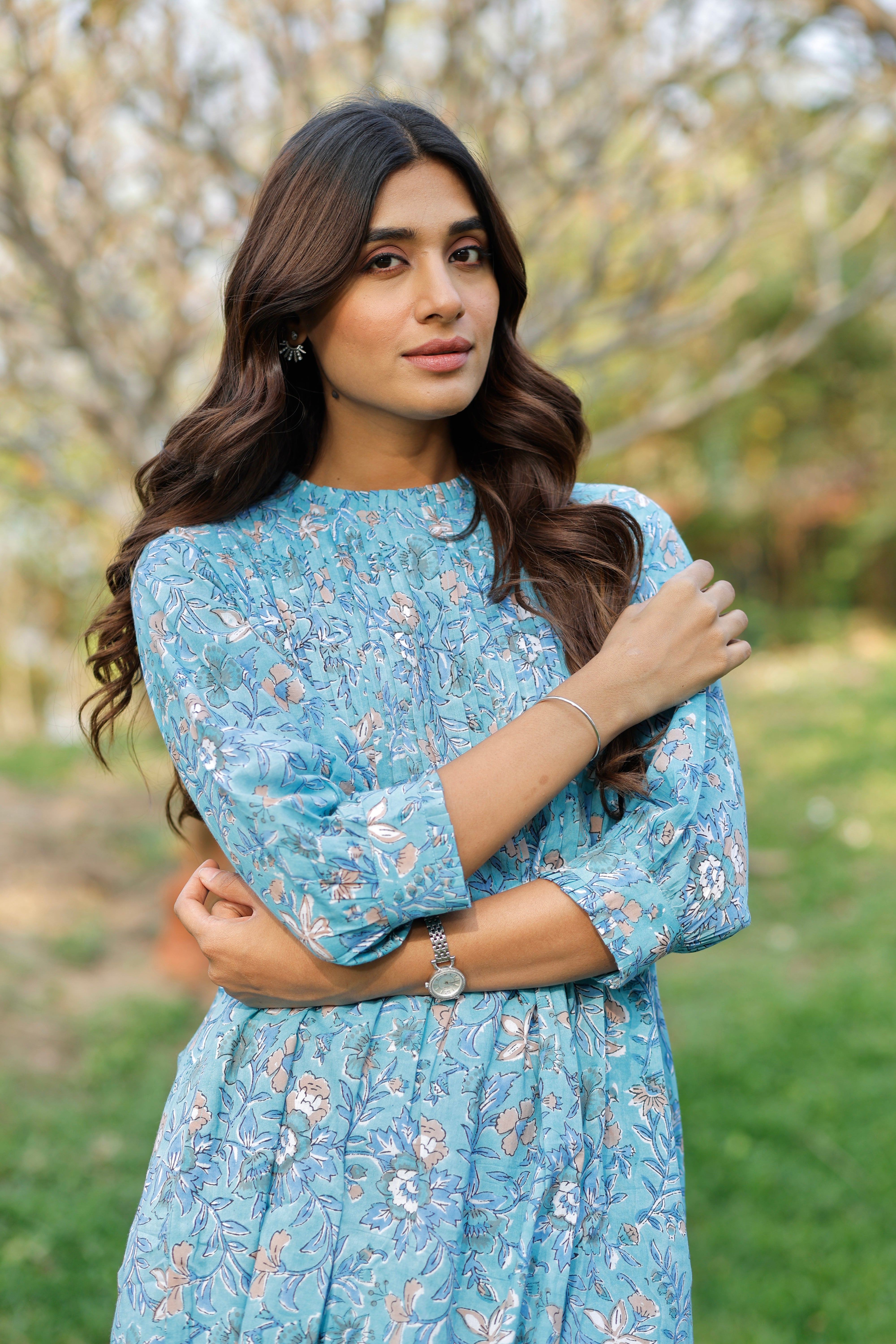 Aqua Blooming Hand Block Printed Cotton Kurta