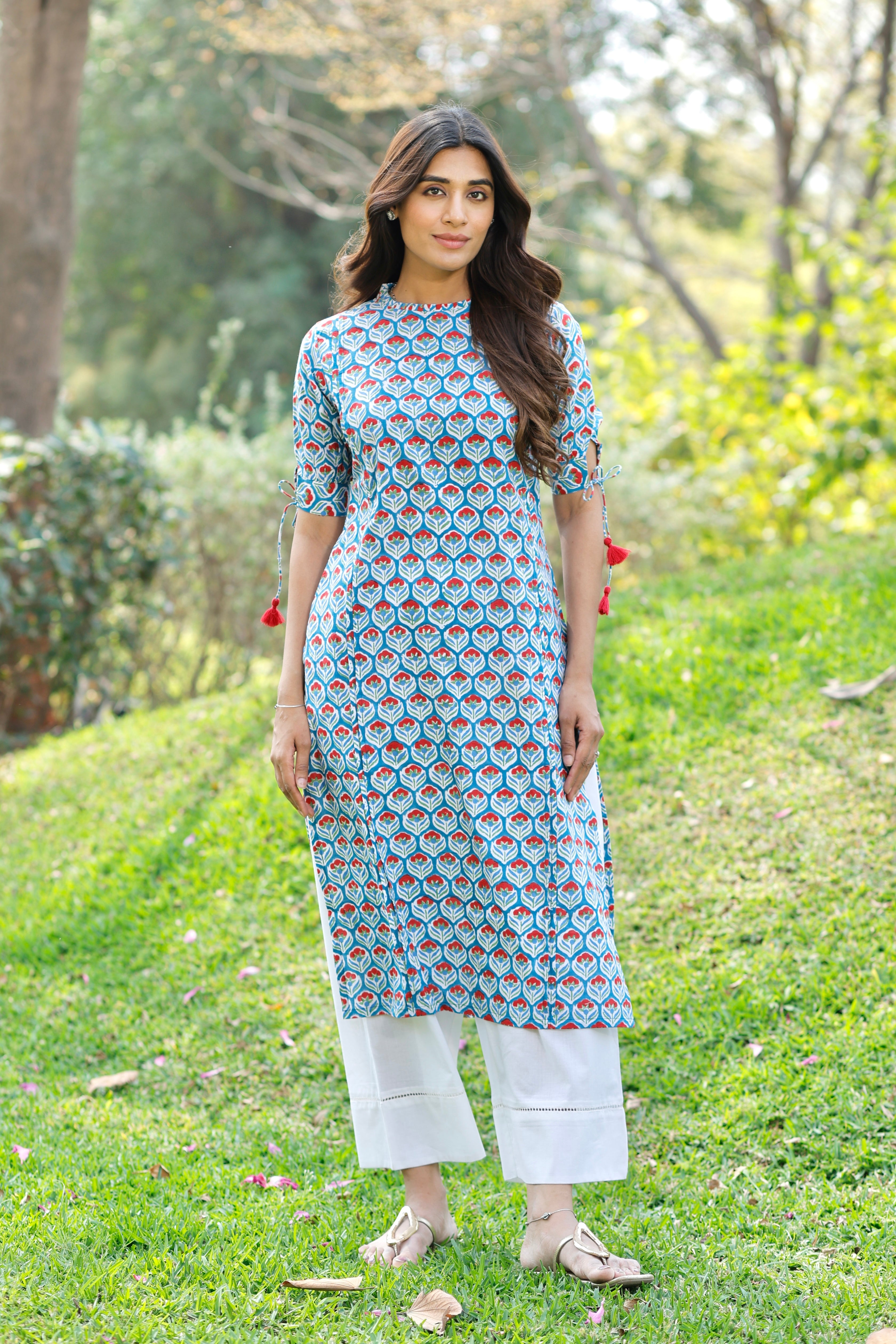 Teal Blue Hand Block Printed Cotton Kurta