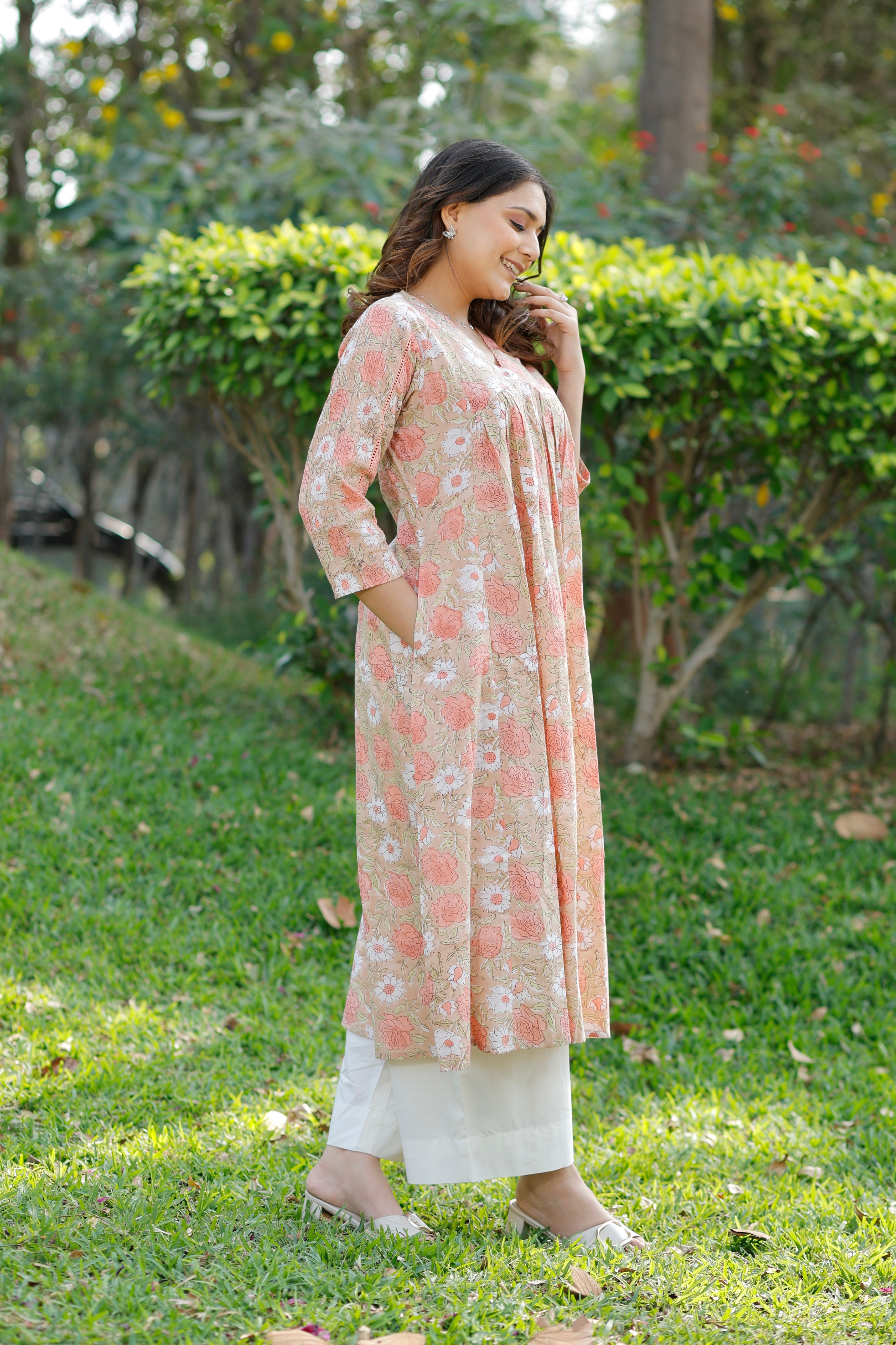 Soft Sand Hand Block Printed Cotton Kurta
