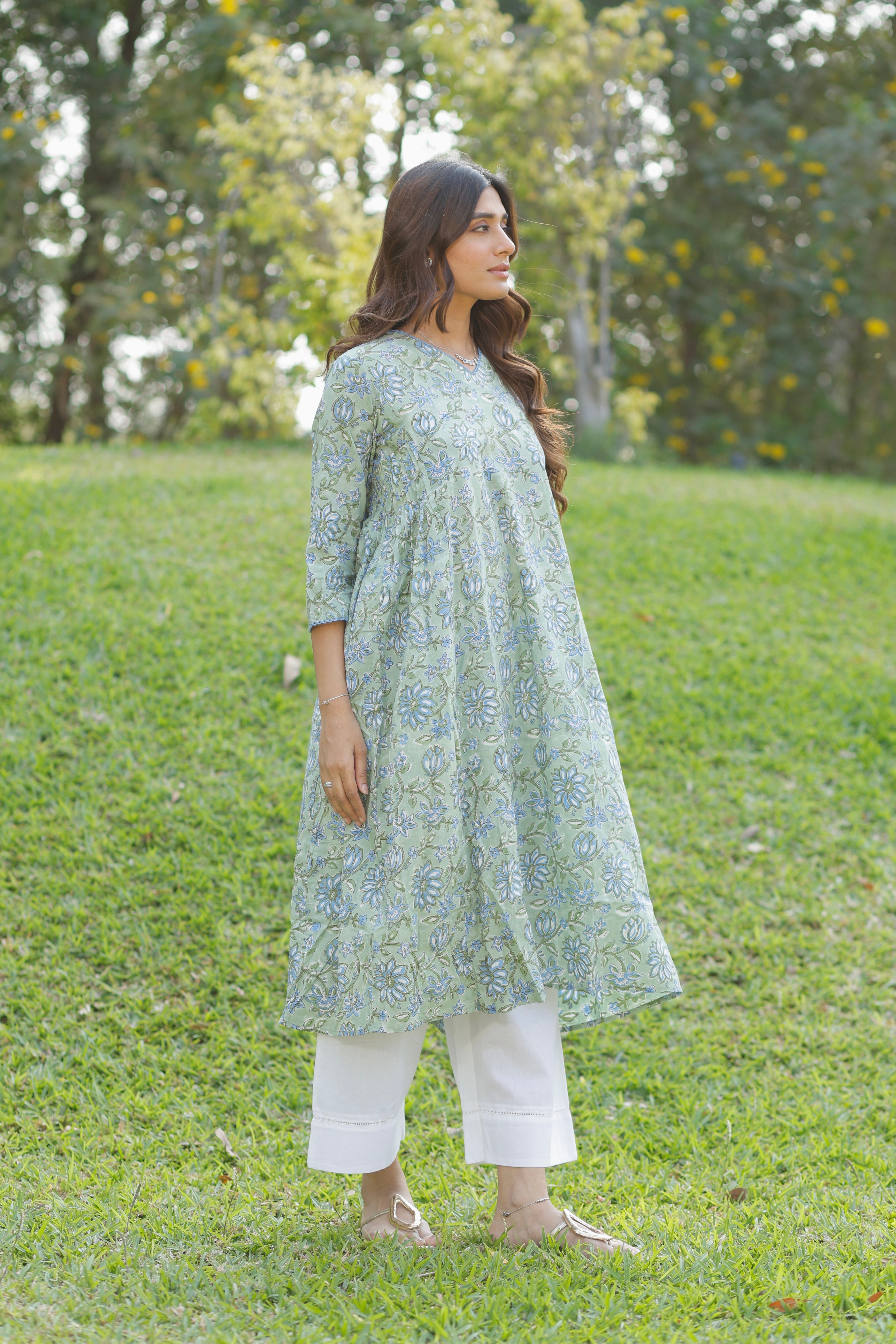 Mint Green Hand Block Printed Cotton Kurta