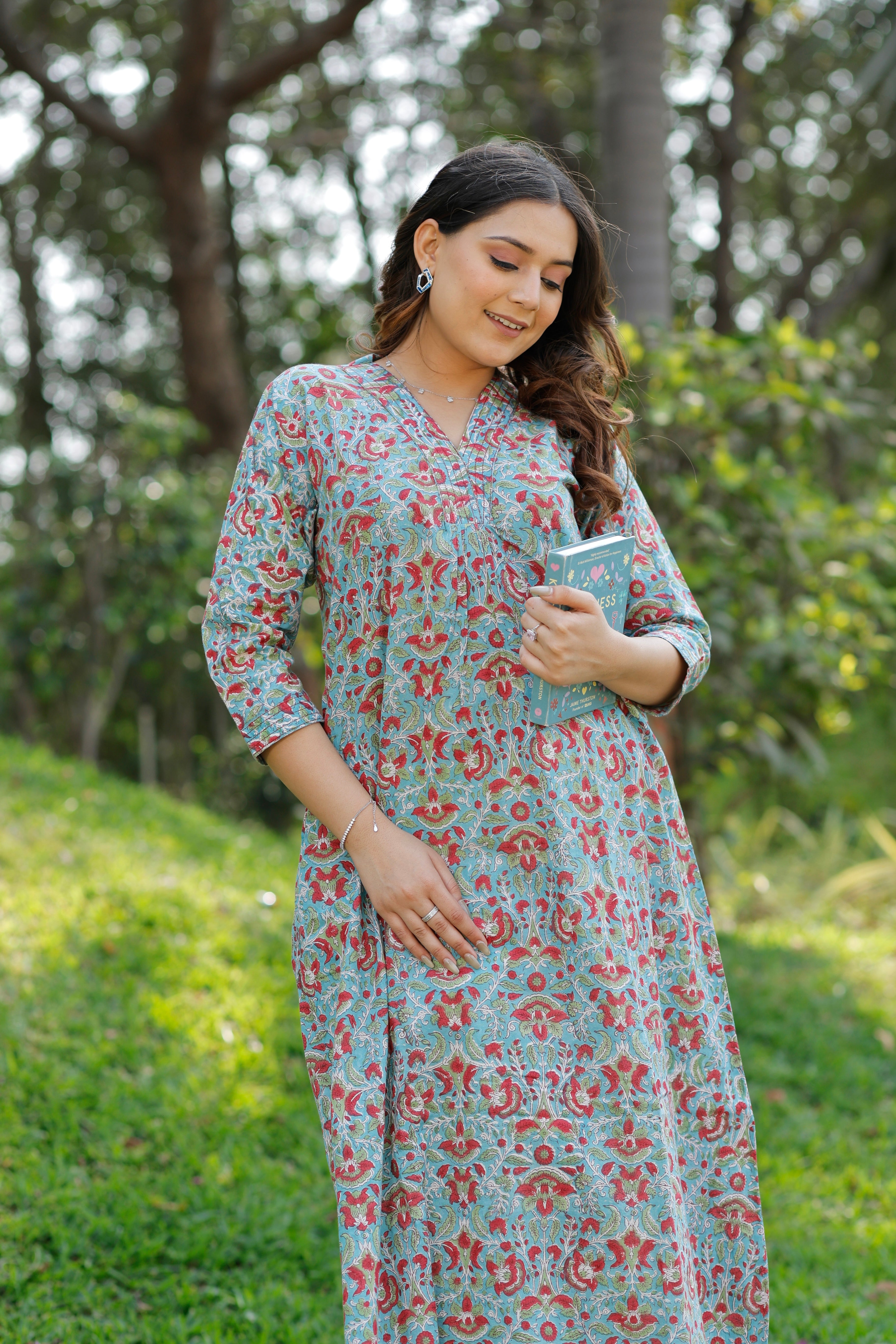 Soft Cadet Blue Hand Block Printed Cotton Kurta