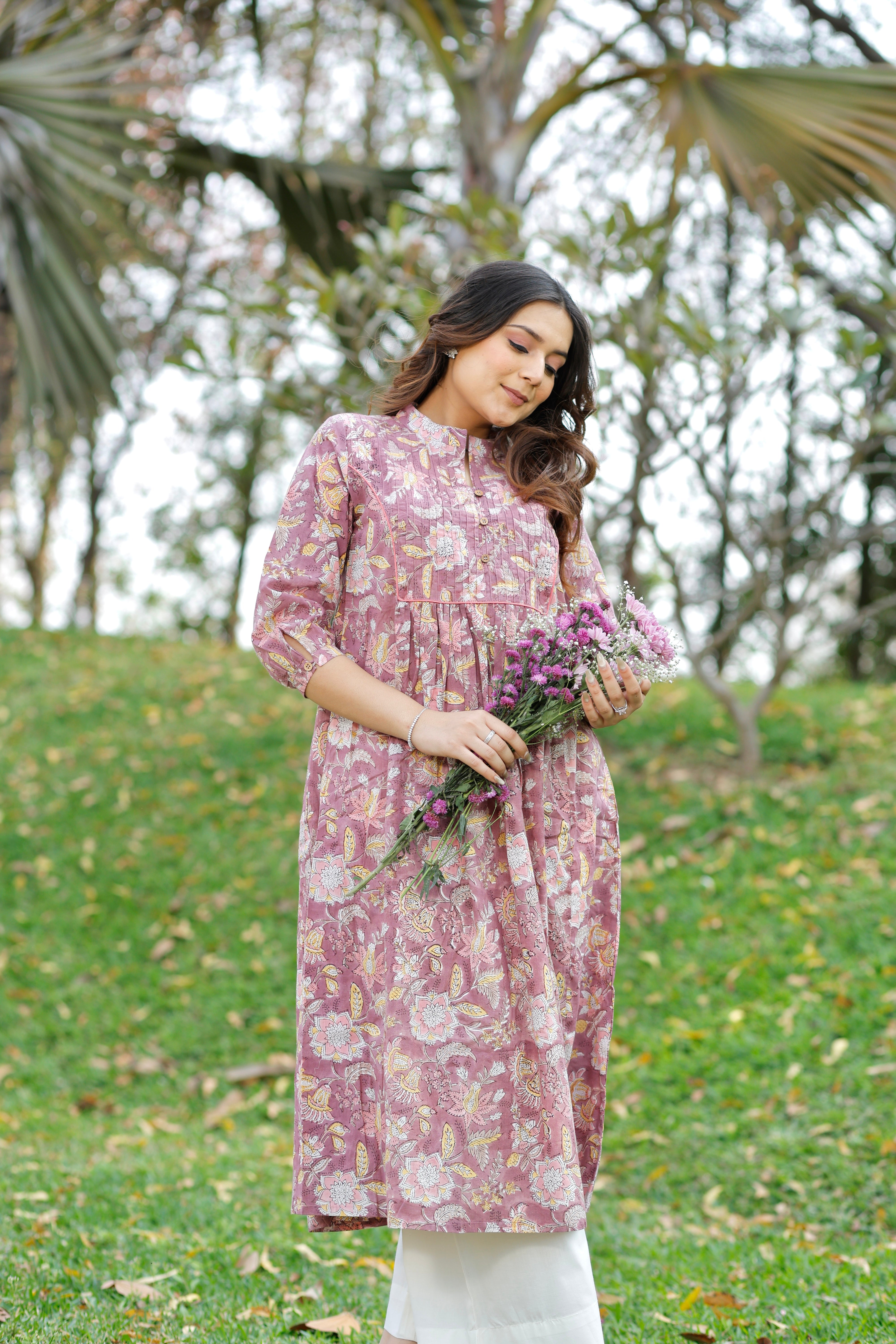 Rose Mauve Hand Block Printed Cotton Kurta