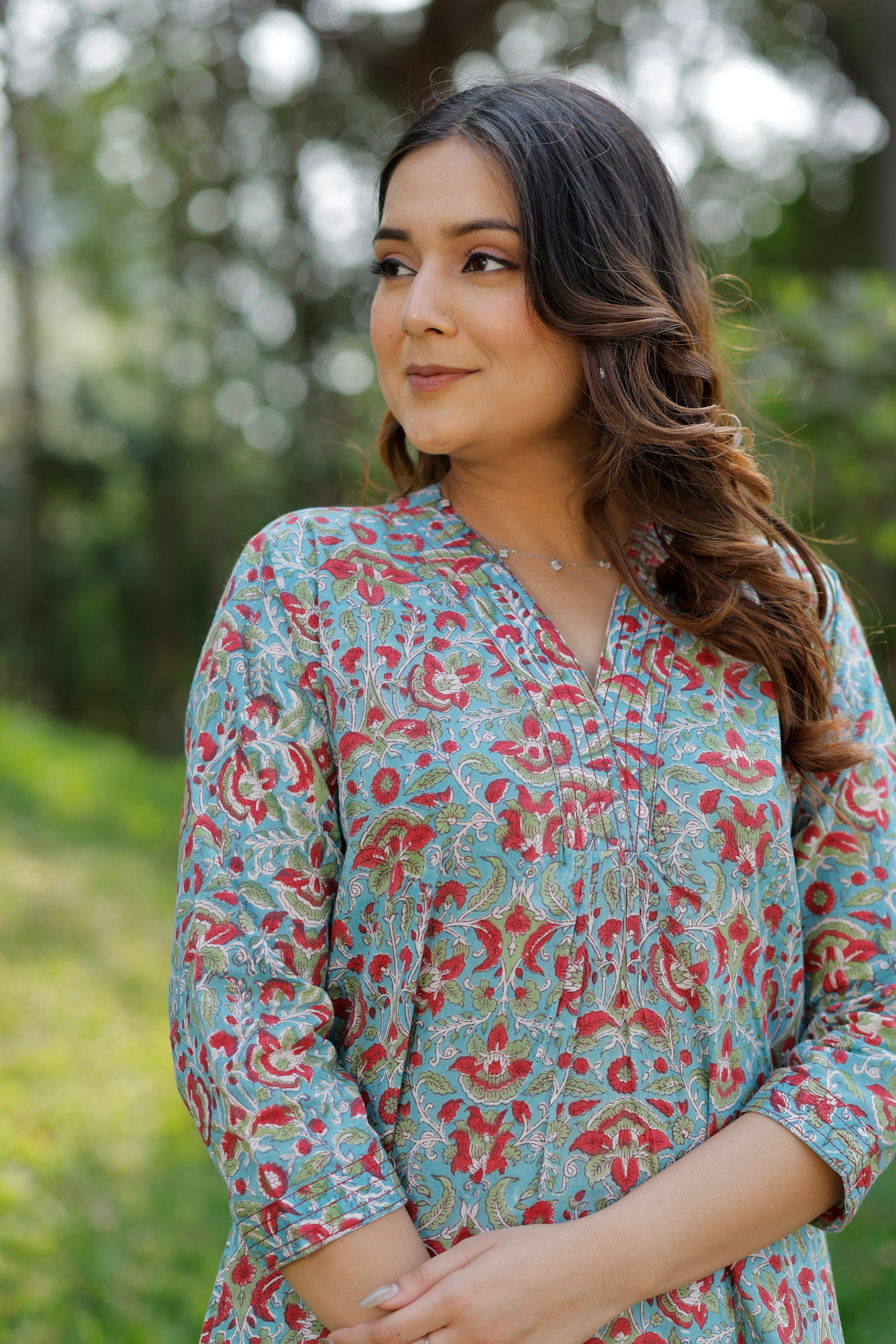 Soft Cadet Blue Hand Block Printed Cotton Kurta