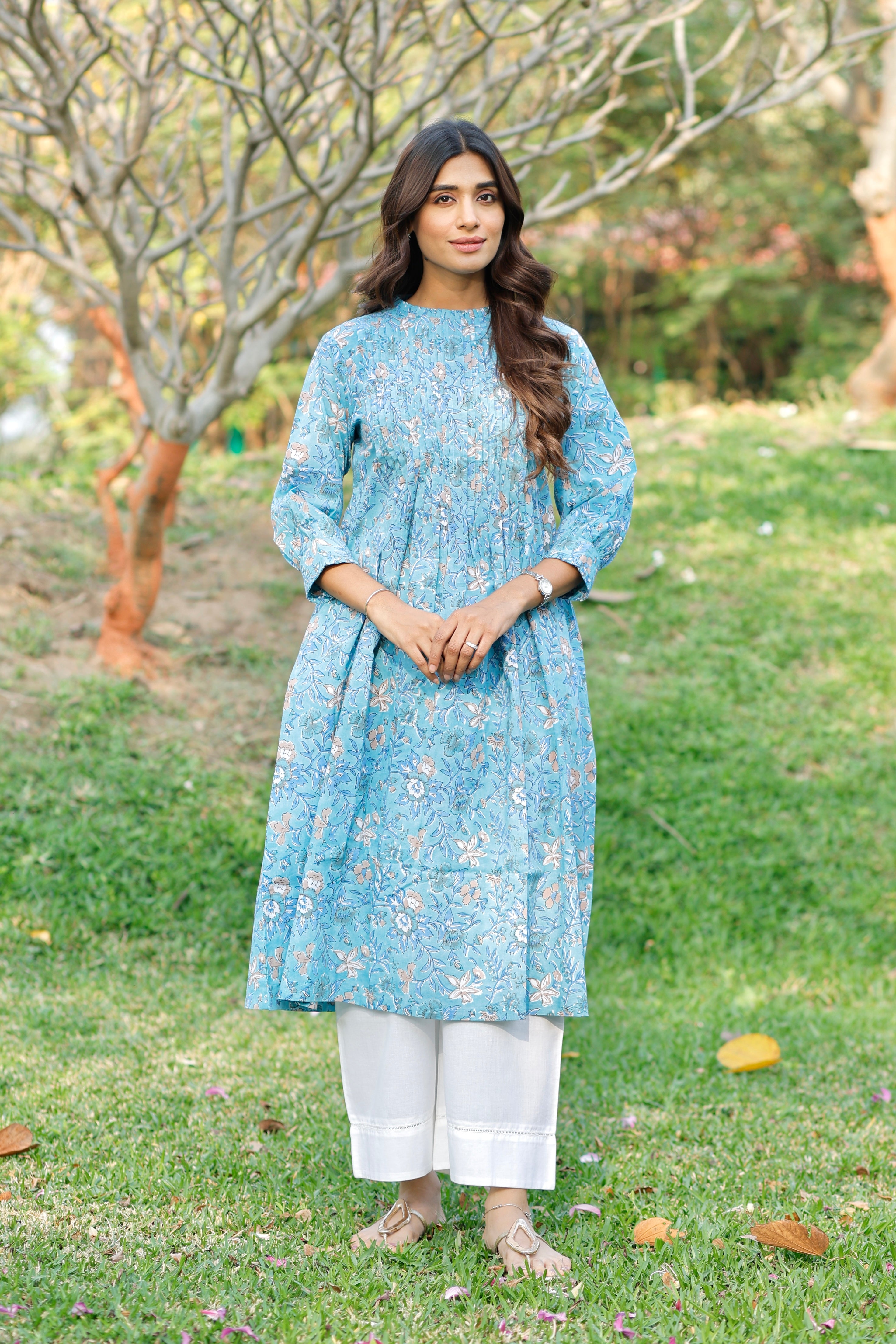 Aqua Blooming Hand Block Printed Cotton Kurta
