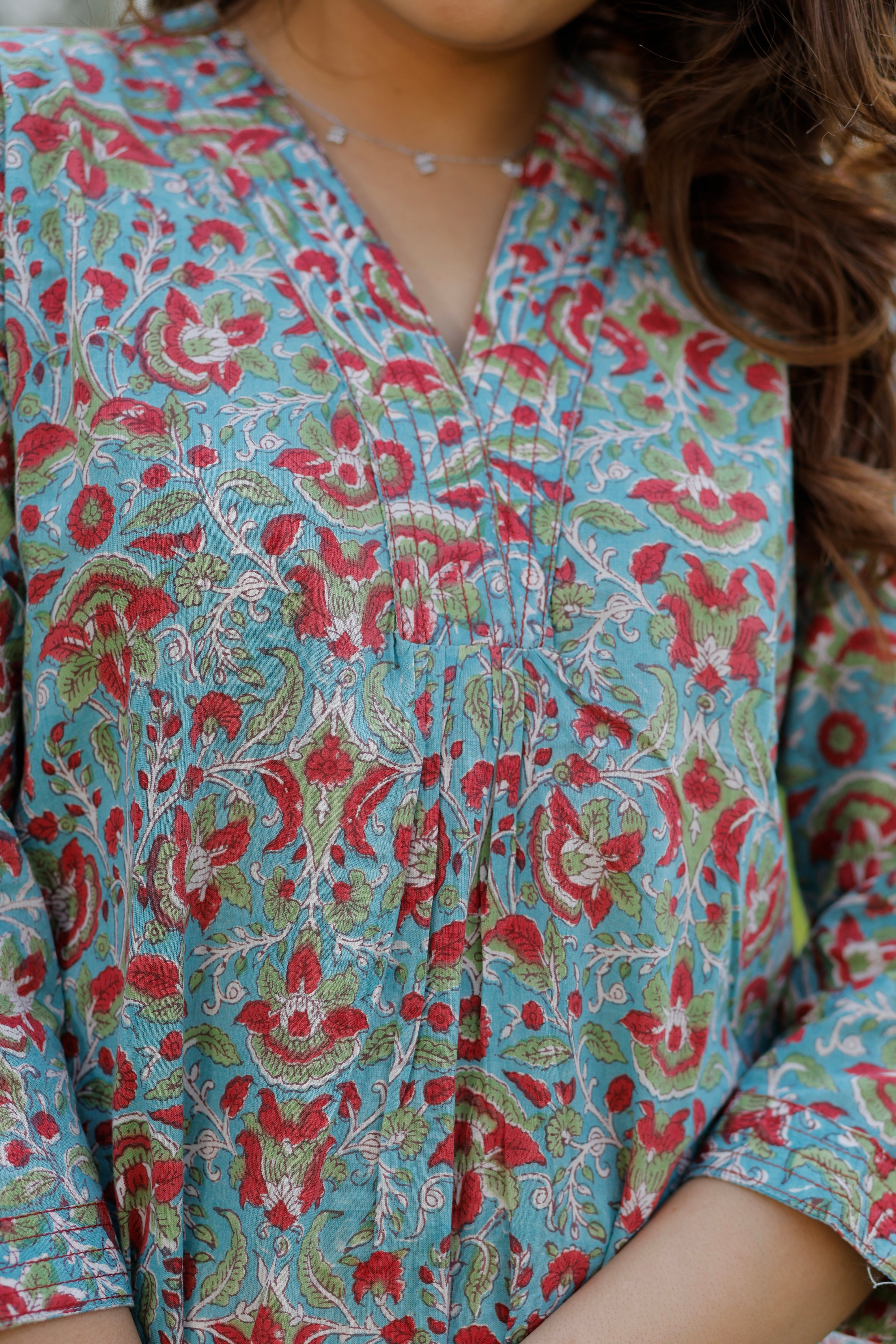 Soft Cadet Blue Hand Block Printed Cotton Kurta