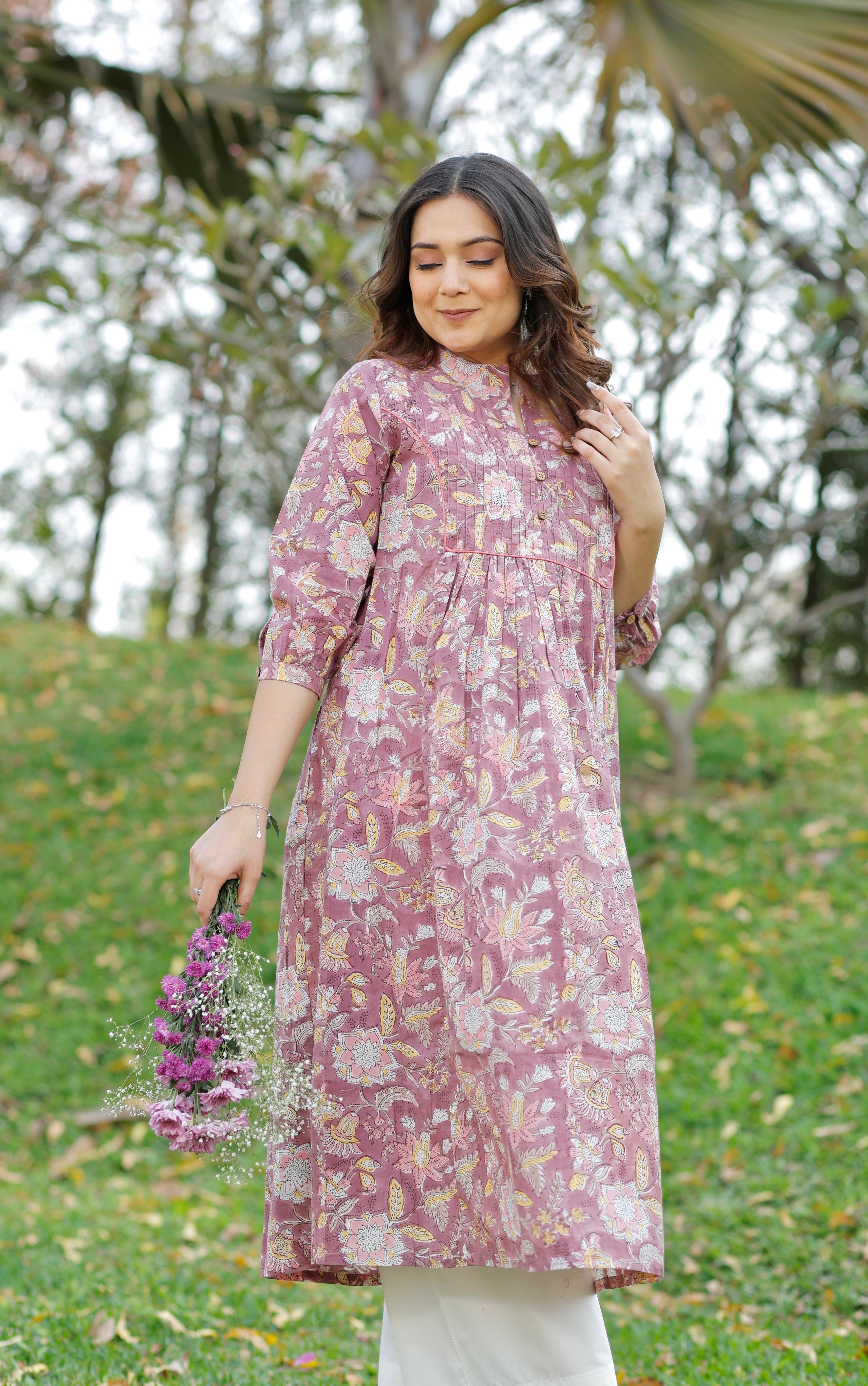 Rose Mauve Hand Block Printed Cotton Kurta