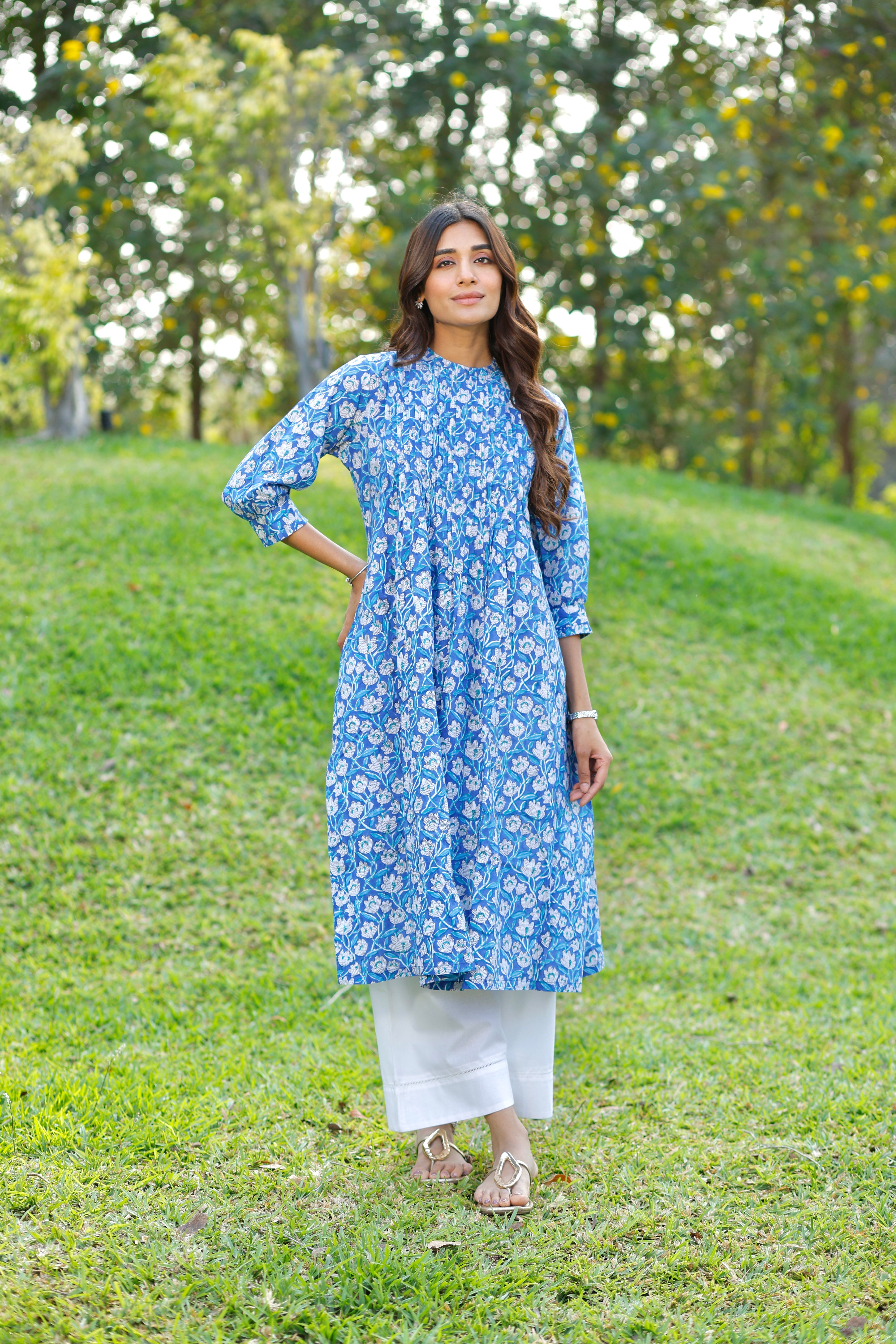 Blooming Blue Hand Block Printed Cotton Kurta
