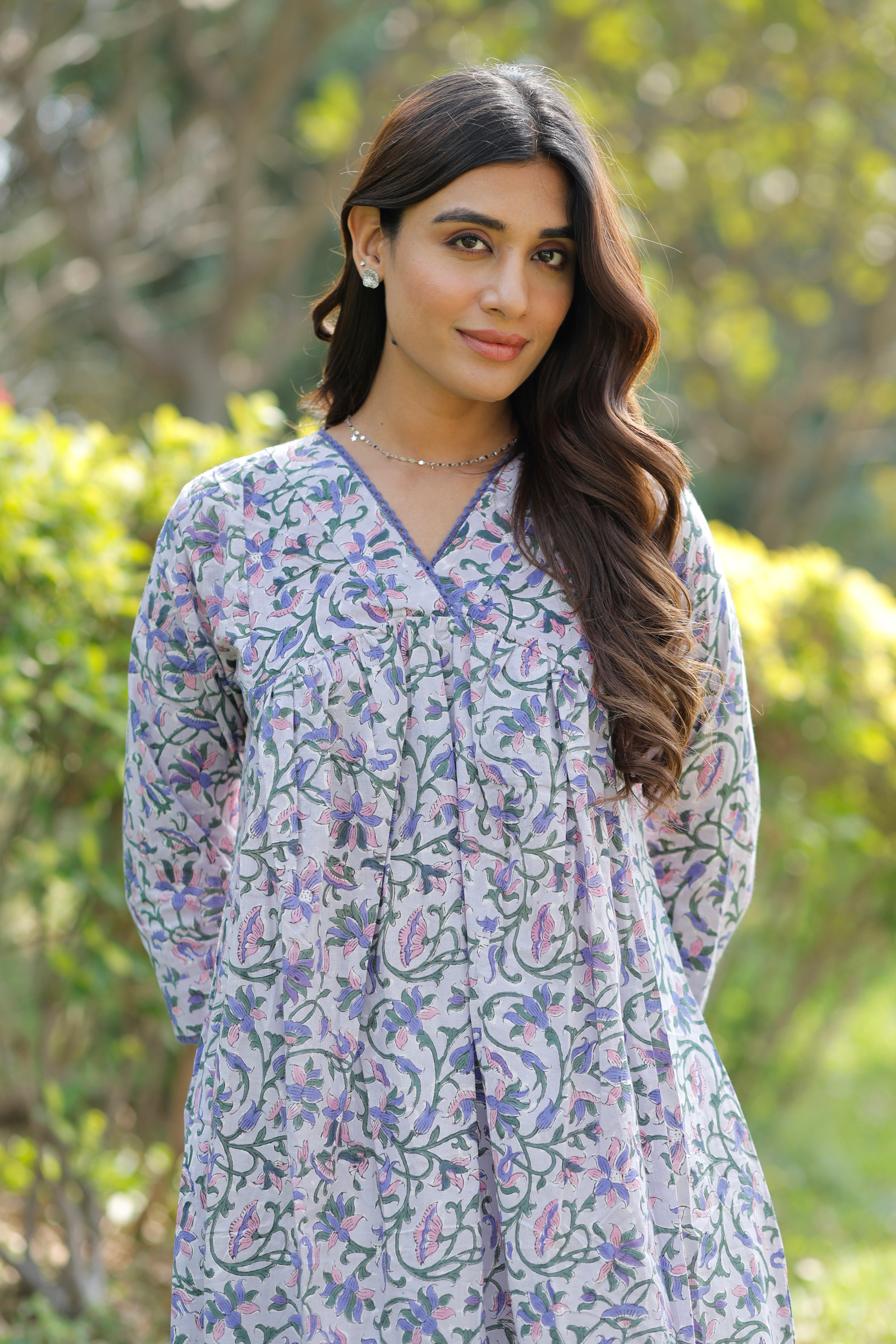 Blooming Lavender Hand Block Printed Cotton Kurta