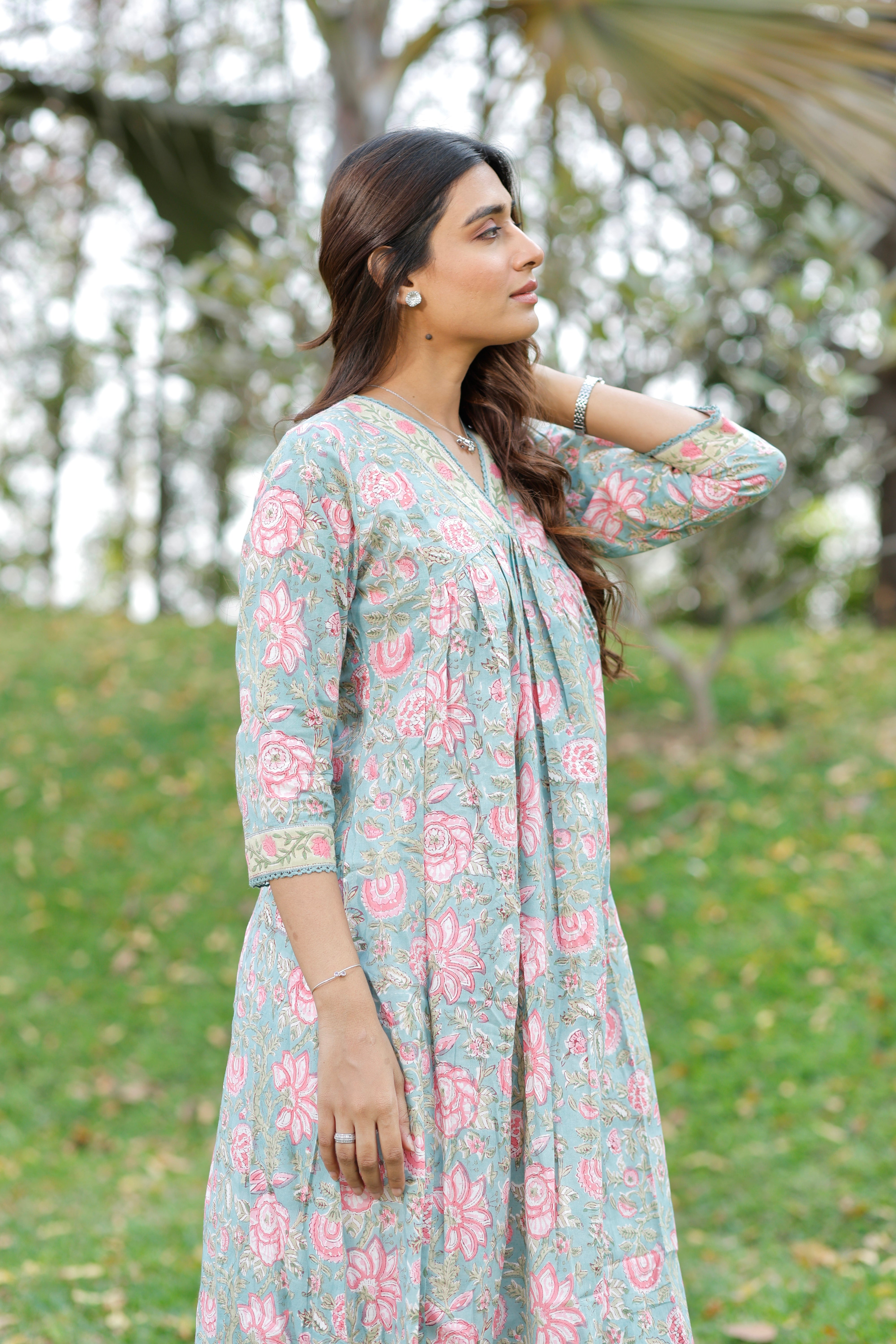 Sweet Blue Hand Block Printed Cotton Kurta
