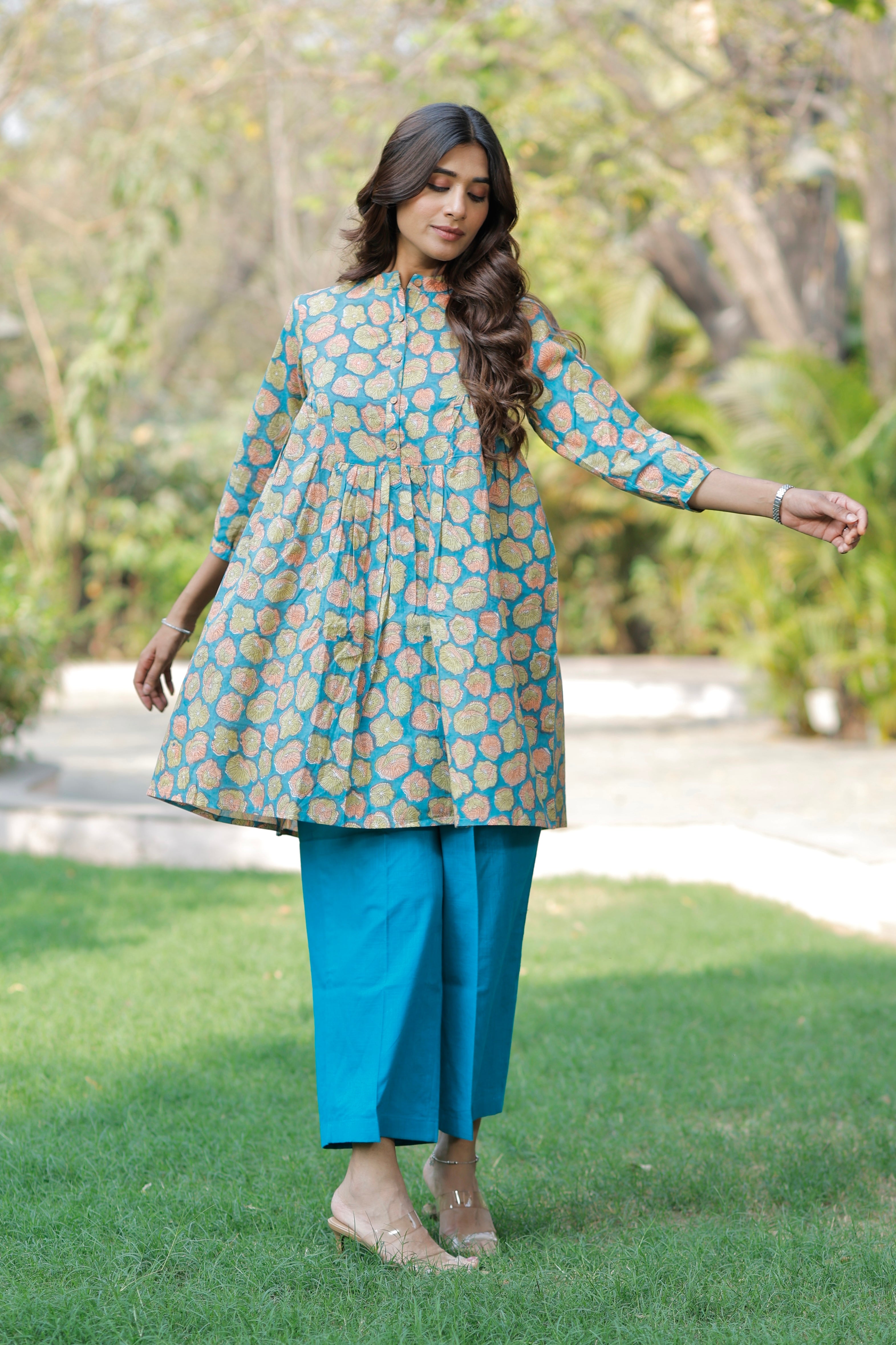 Teal Blossom Hand Block Printed Cotton Co-ord set