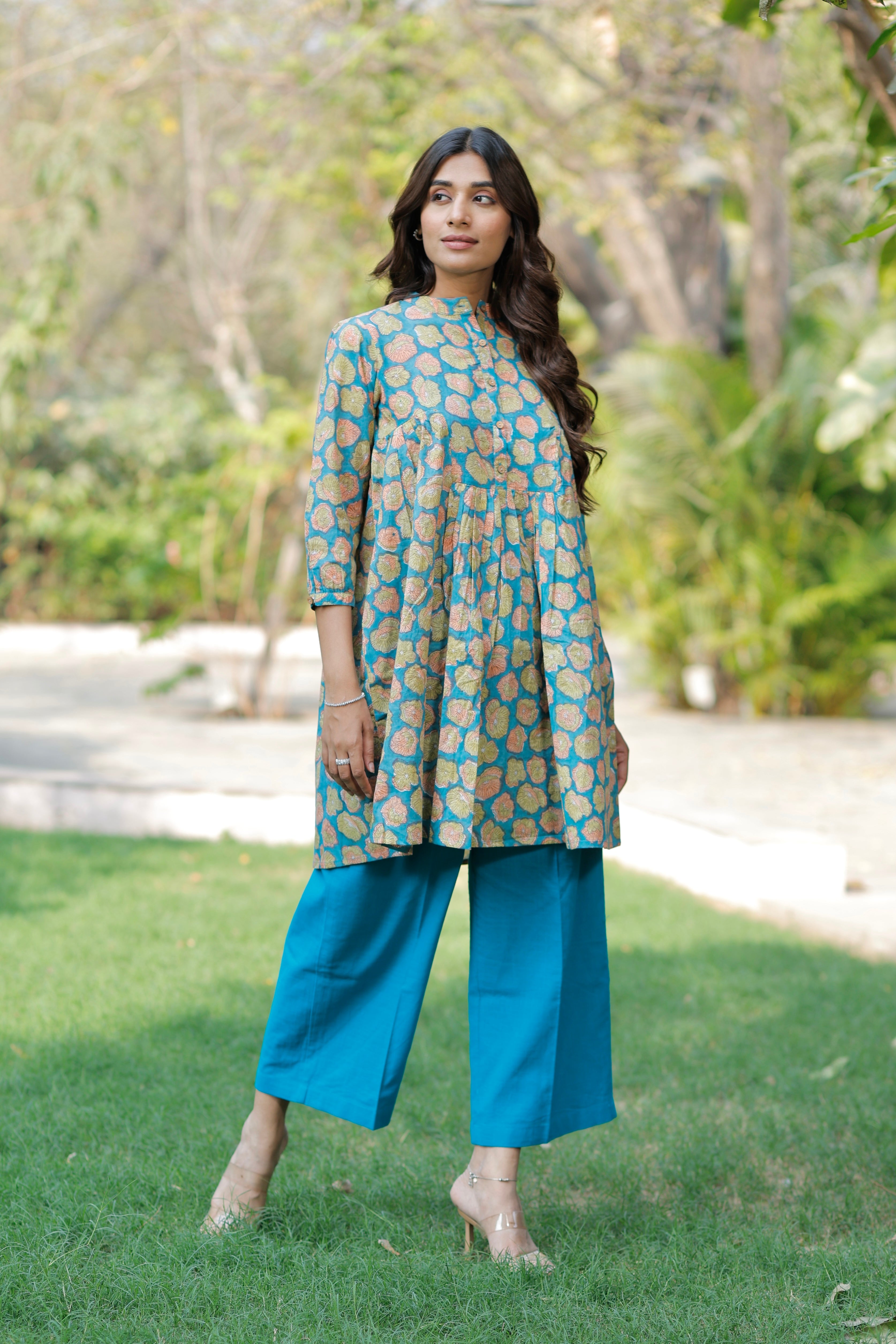 Teal Blossom Hand Block Printed Cotton Co-ord set