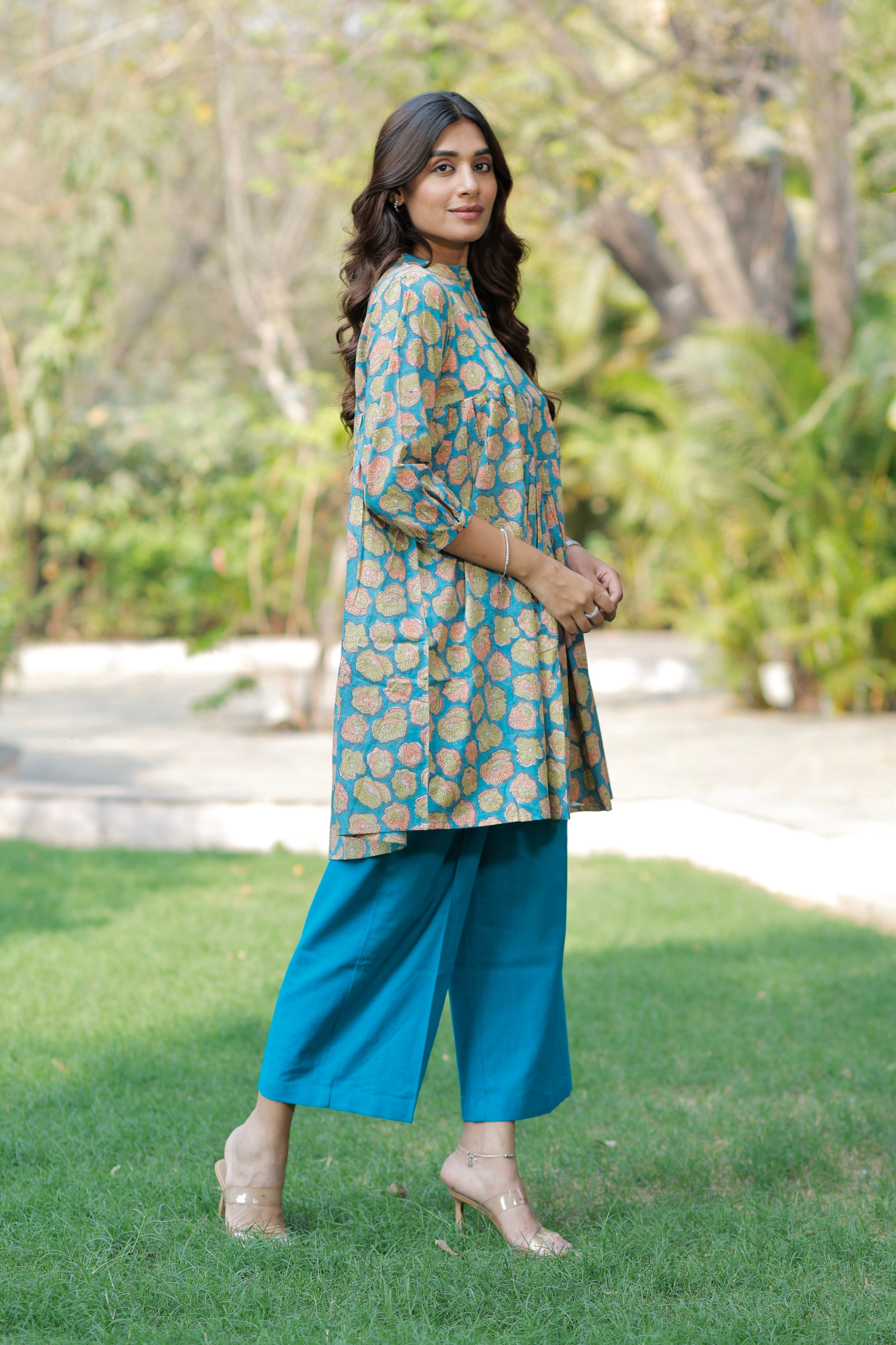 Teal Blossom Hand Block Printed Cotton Co-ord set