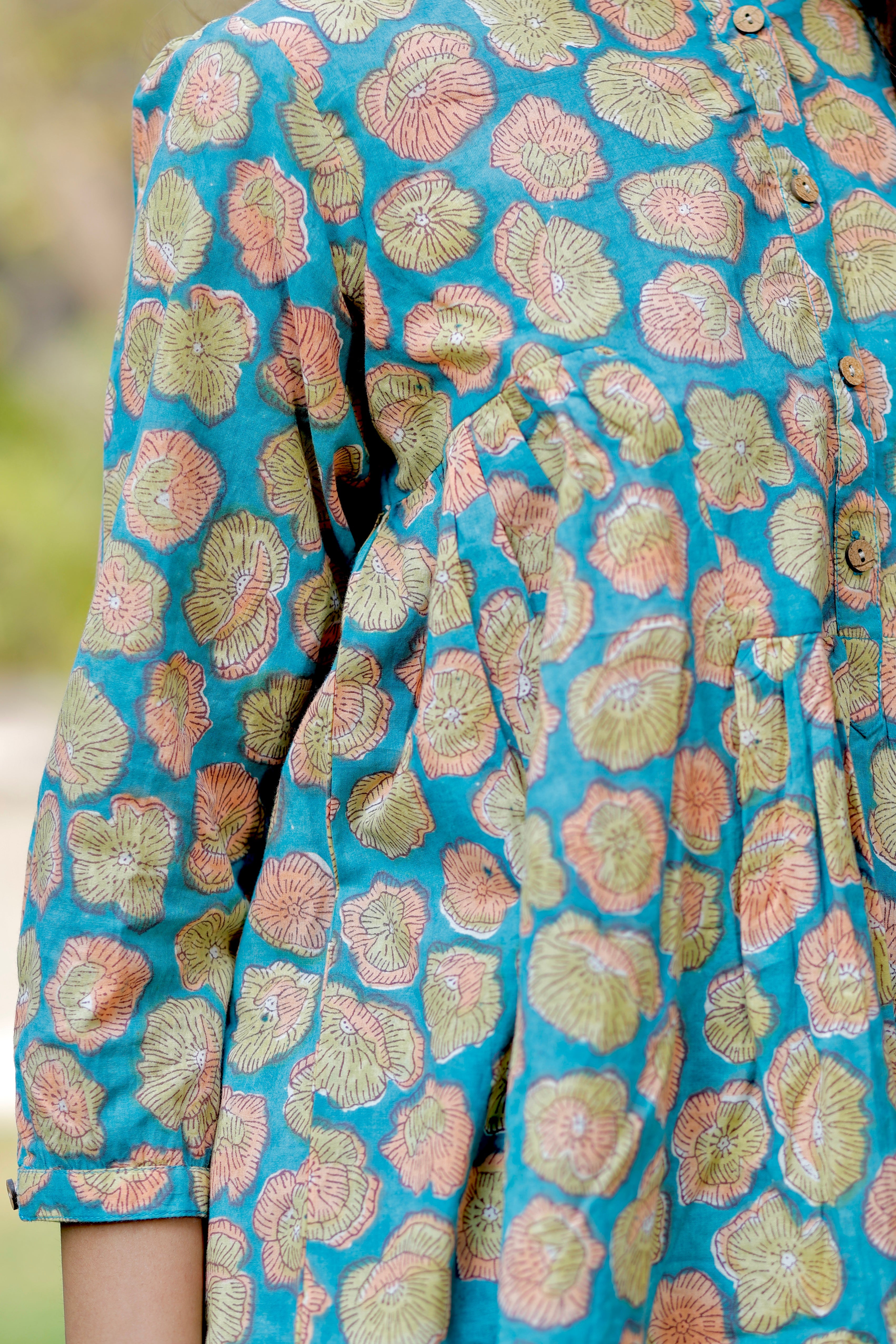 Teal Blossom Hand Block Printed Cotton Co-ord set