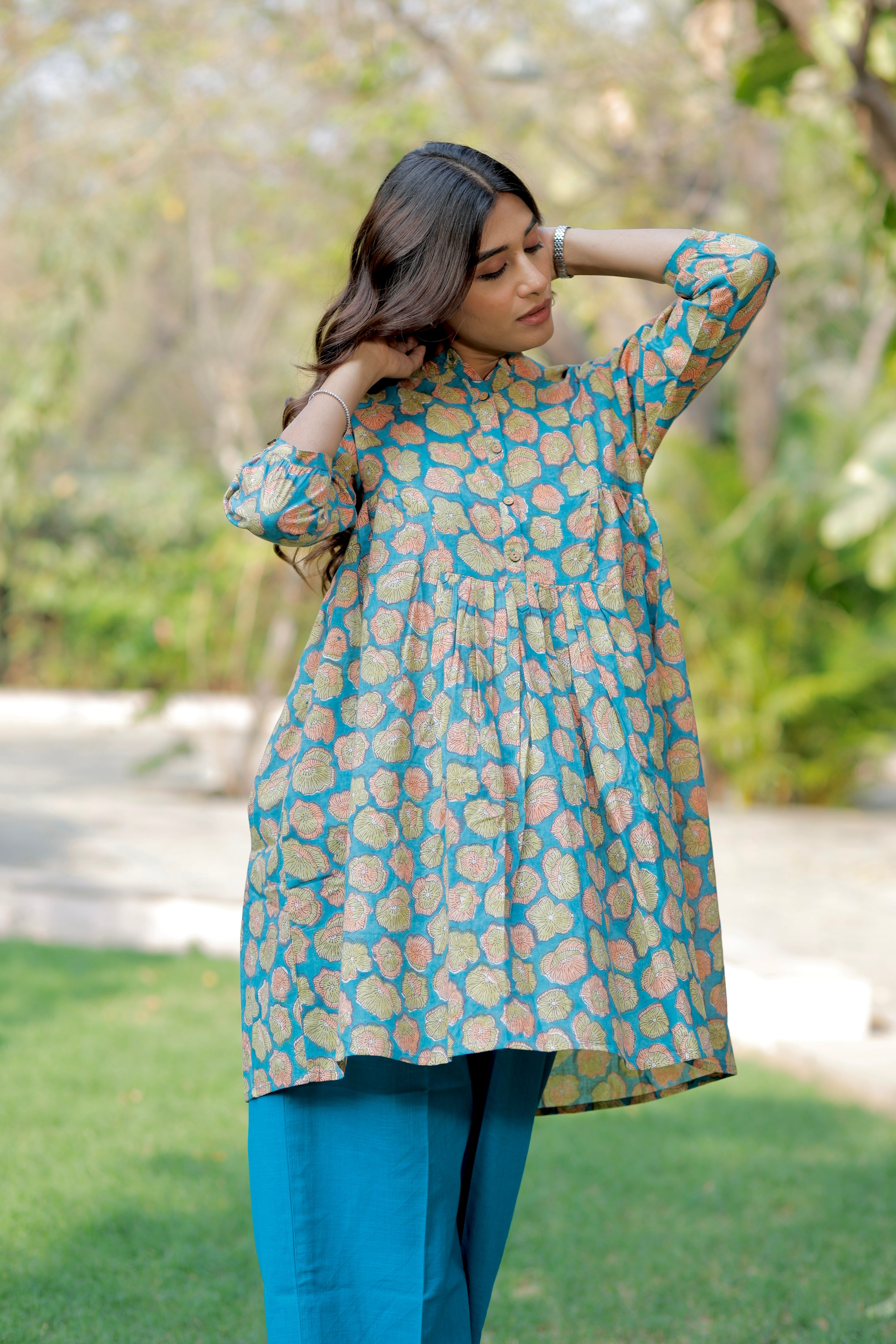 Teal Blossom Hand Block Printed Cotton Co-ord set