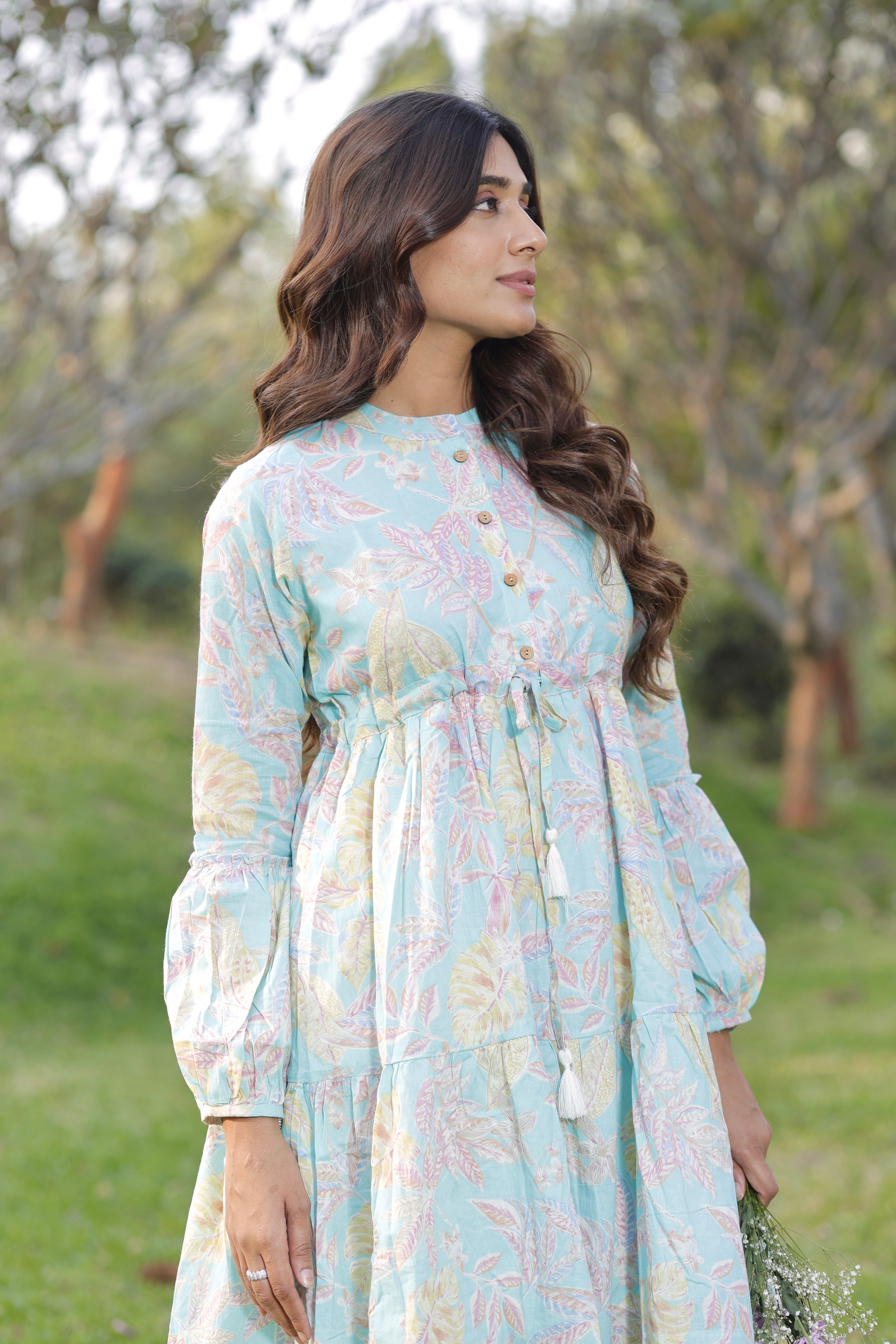 Misty Sky Cotton Printed Short Dress