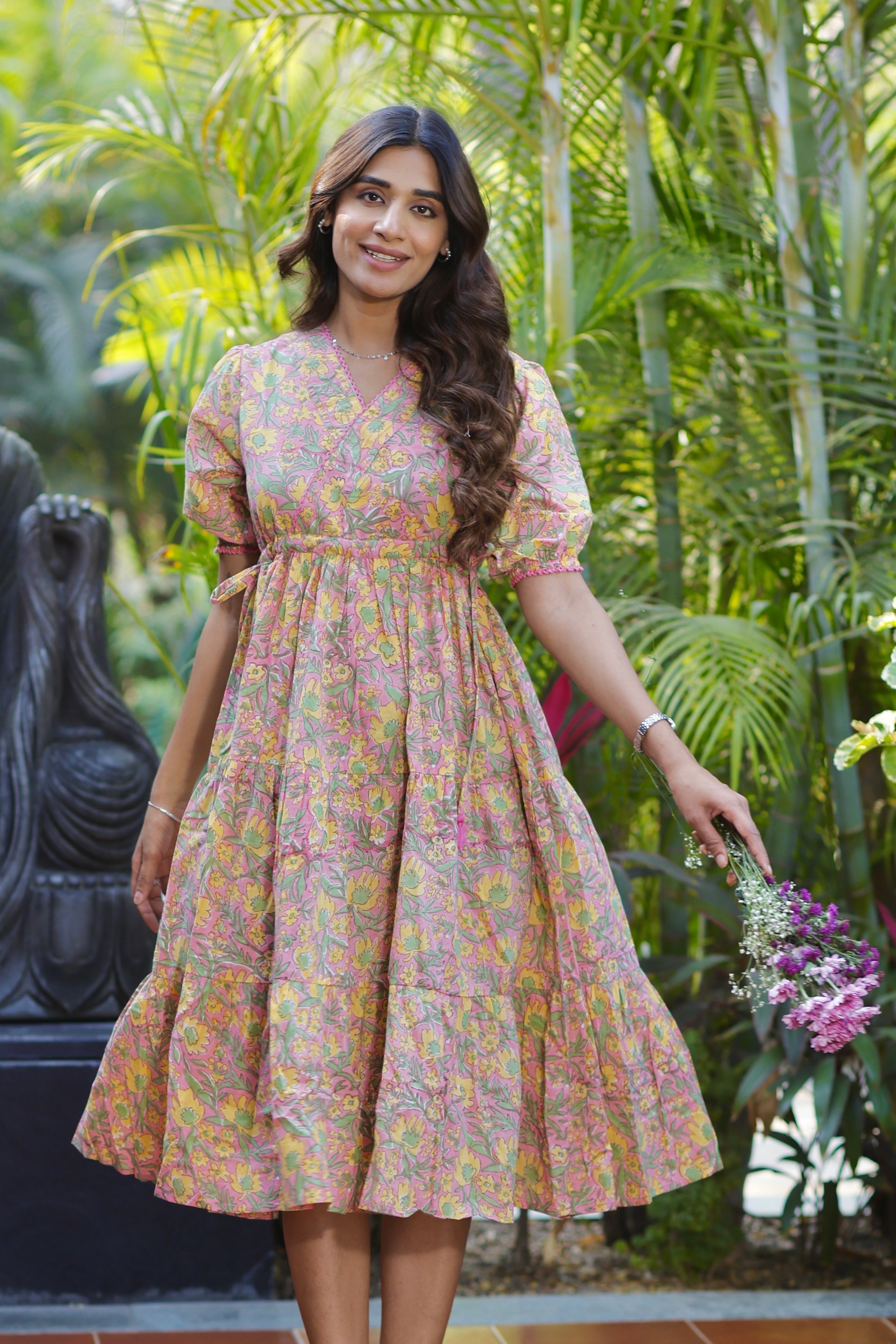 Blush Pink Hand Block Printed Cotton Midi Dress