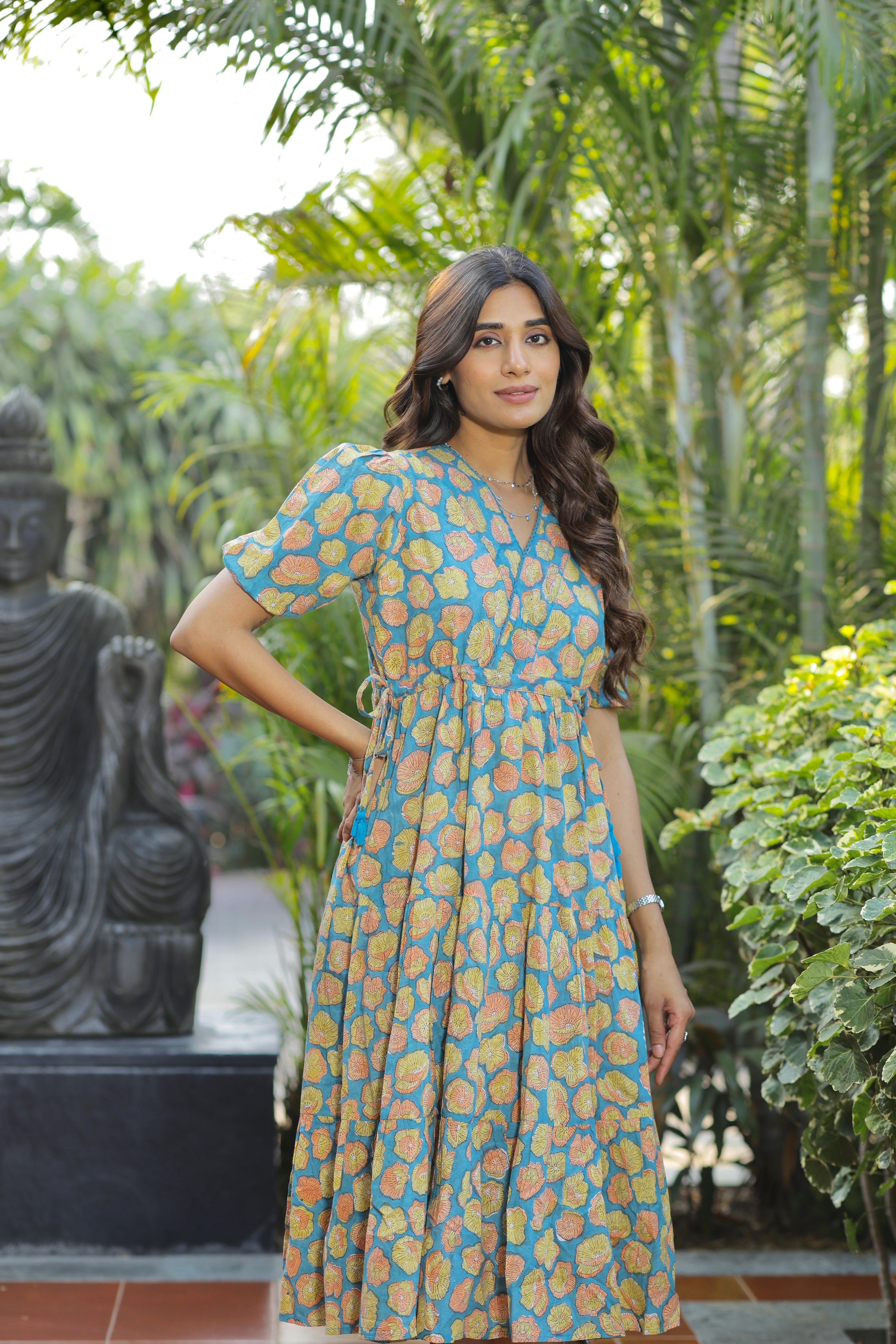 Teal Bloom Hand Block Printed Cotton Midi Dress
