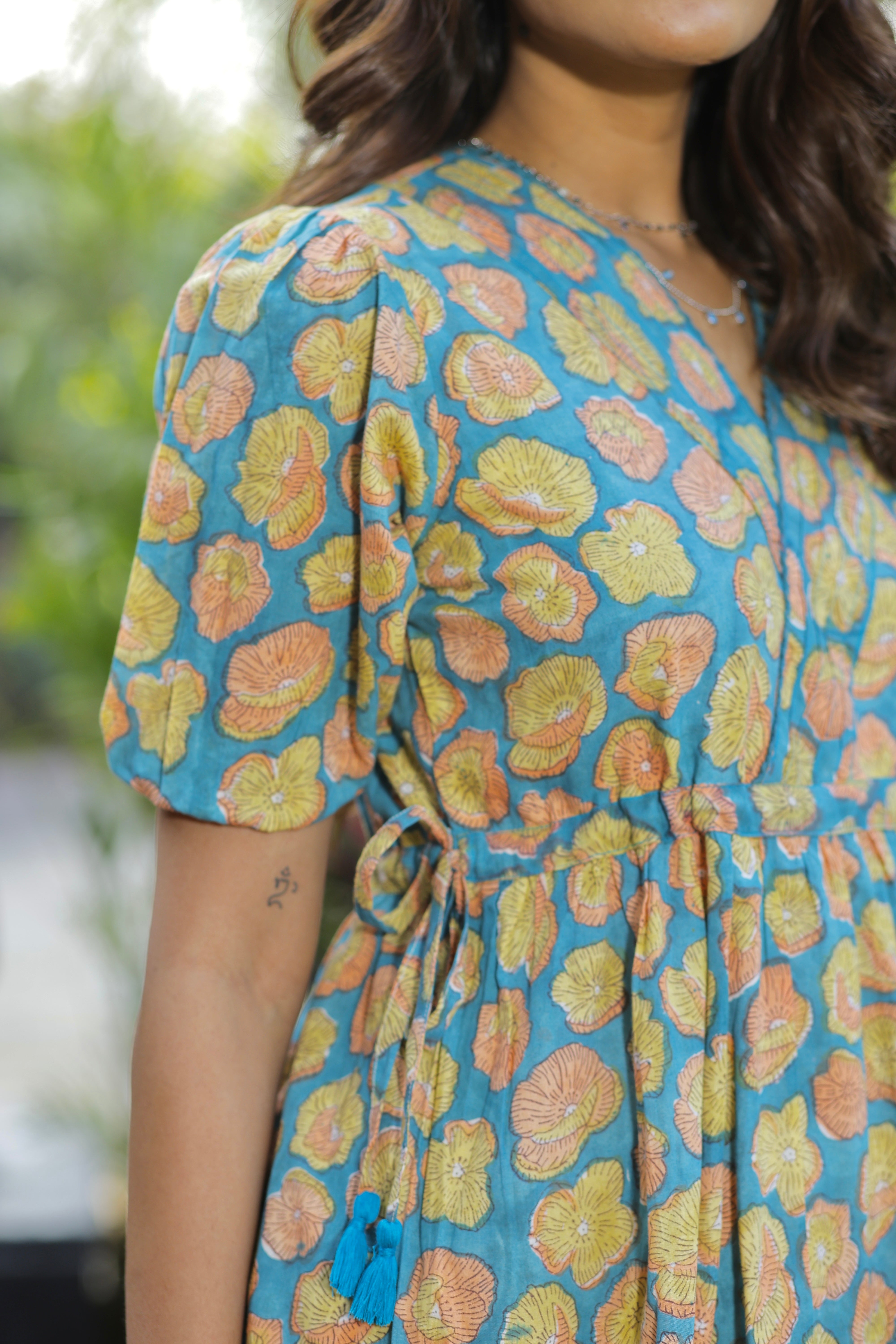 Teal Bloom Hand Block Printed Cotton Midi Dress