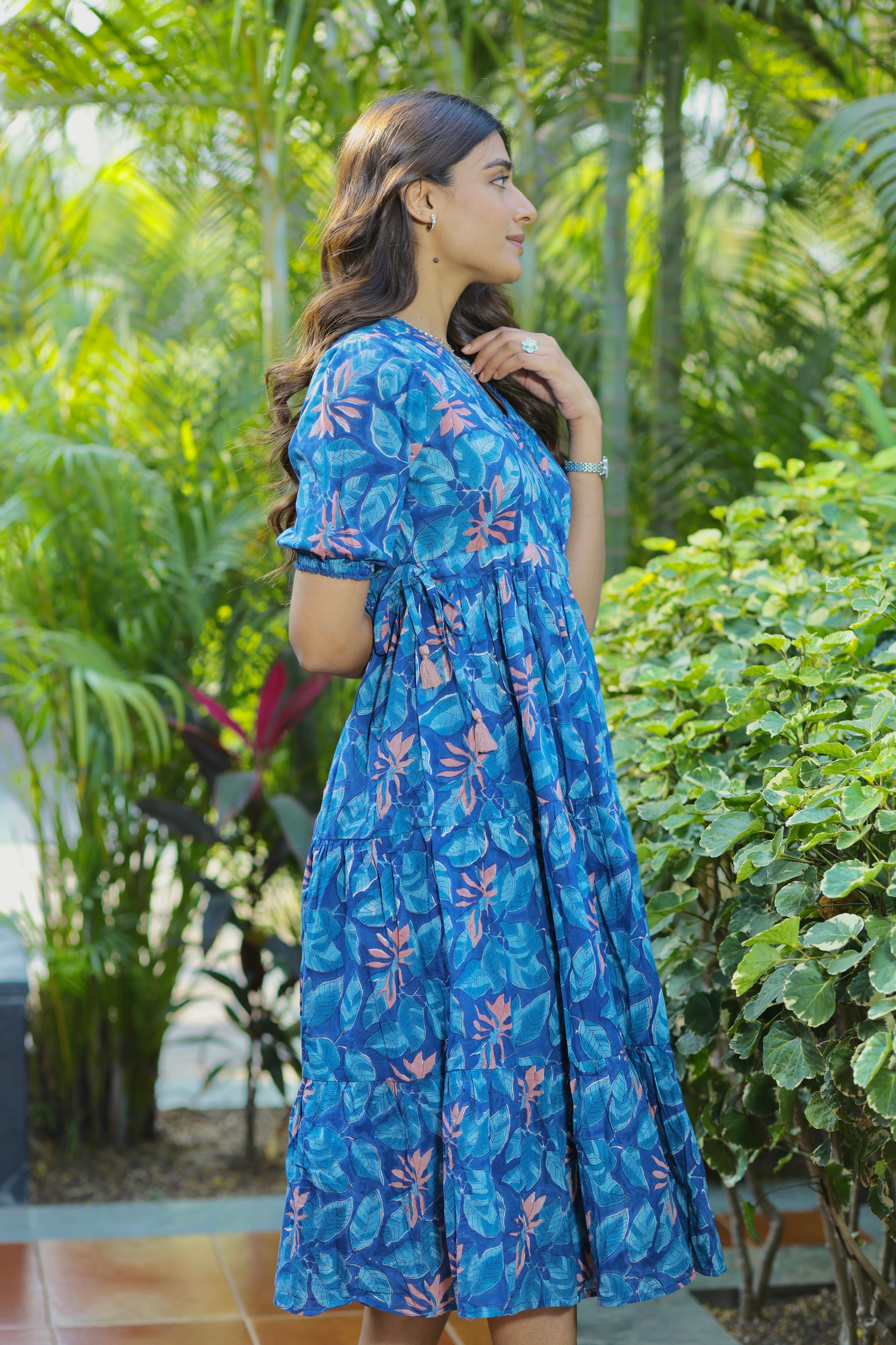 Midnight Blue Hand Block Printed Cotton Midi Dress
