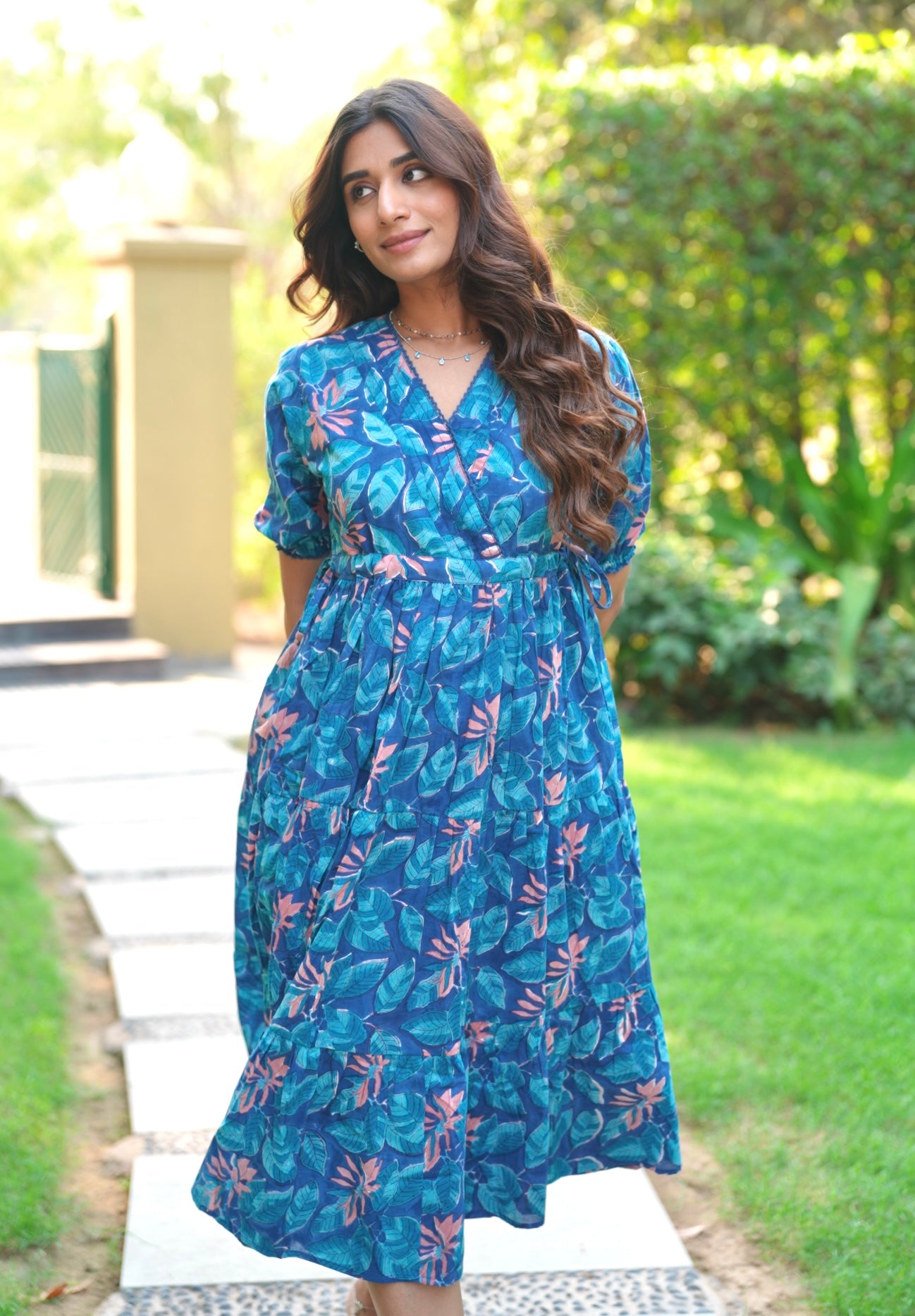 Midnight Blue Hand Block Printed Cotton Midi Dress