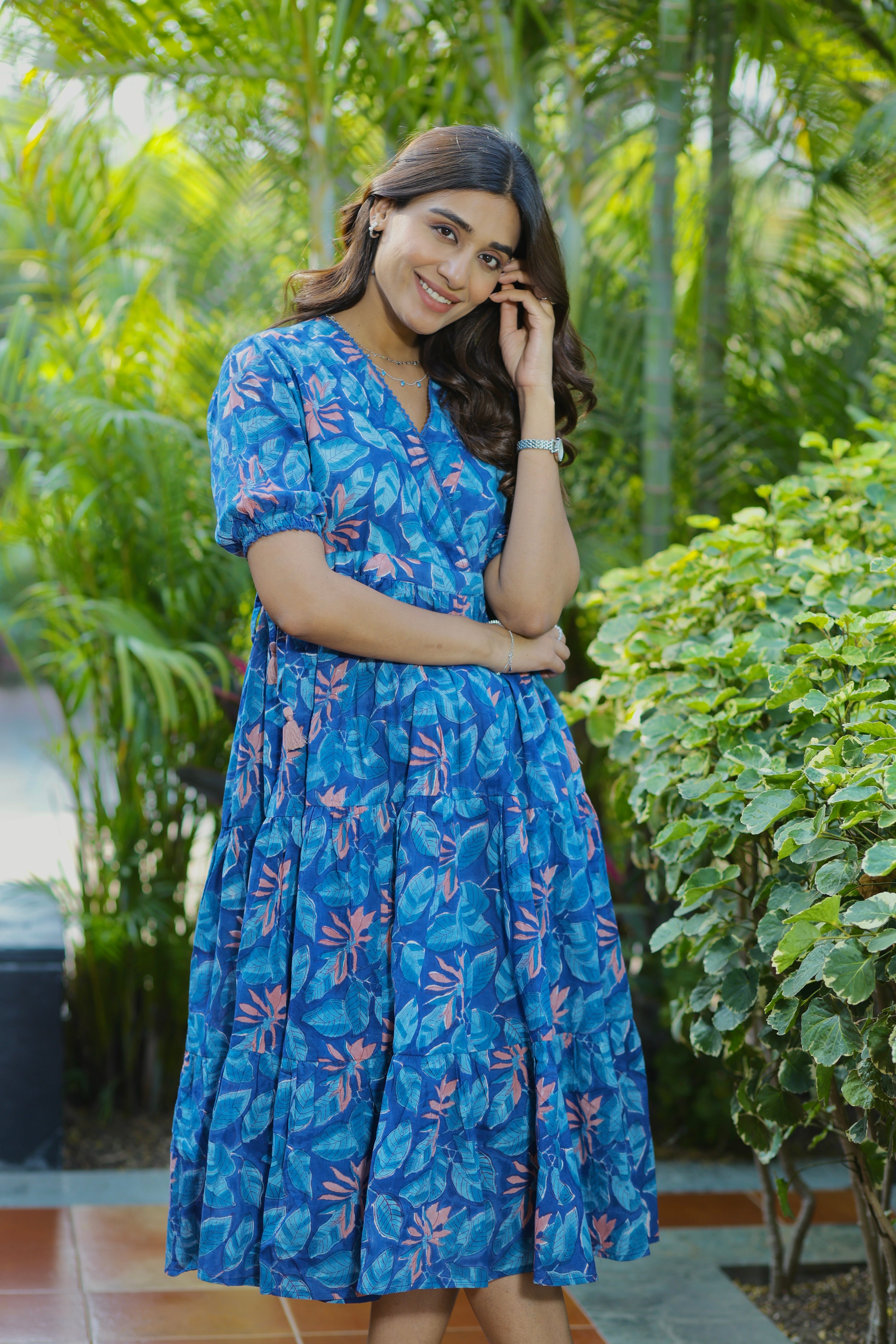 Midnight Blue Hand Block Printed Cotton Midi Dress