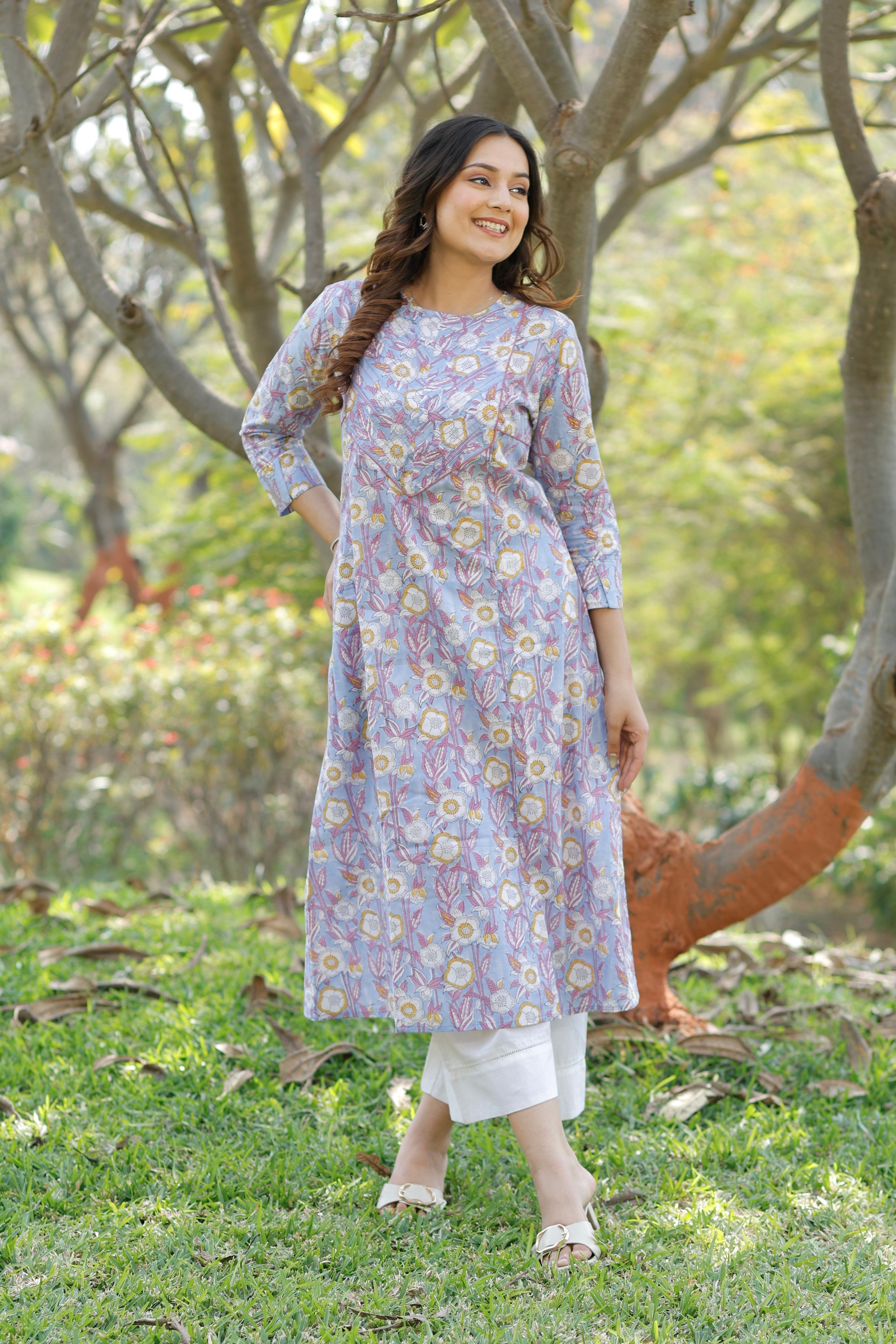 Soft Lavender Hand Block Printed Cotton Kurta