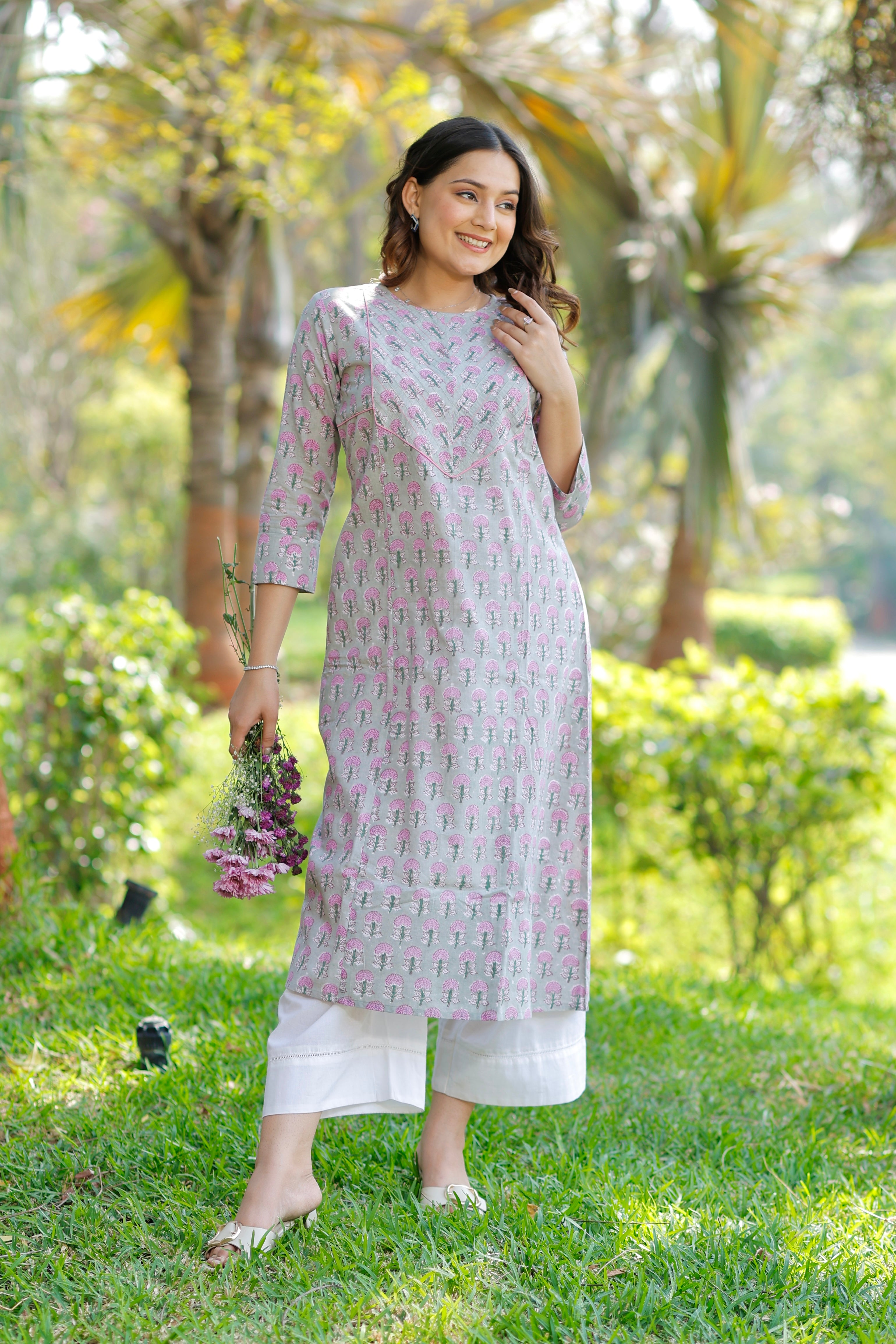 Blossom Sage Grey Hand Block Printed Cotton Kurta