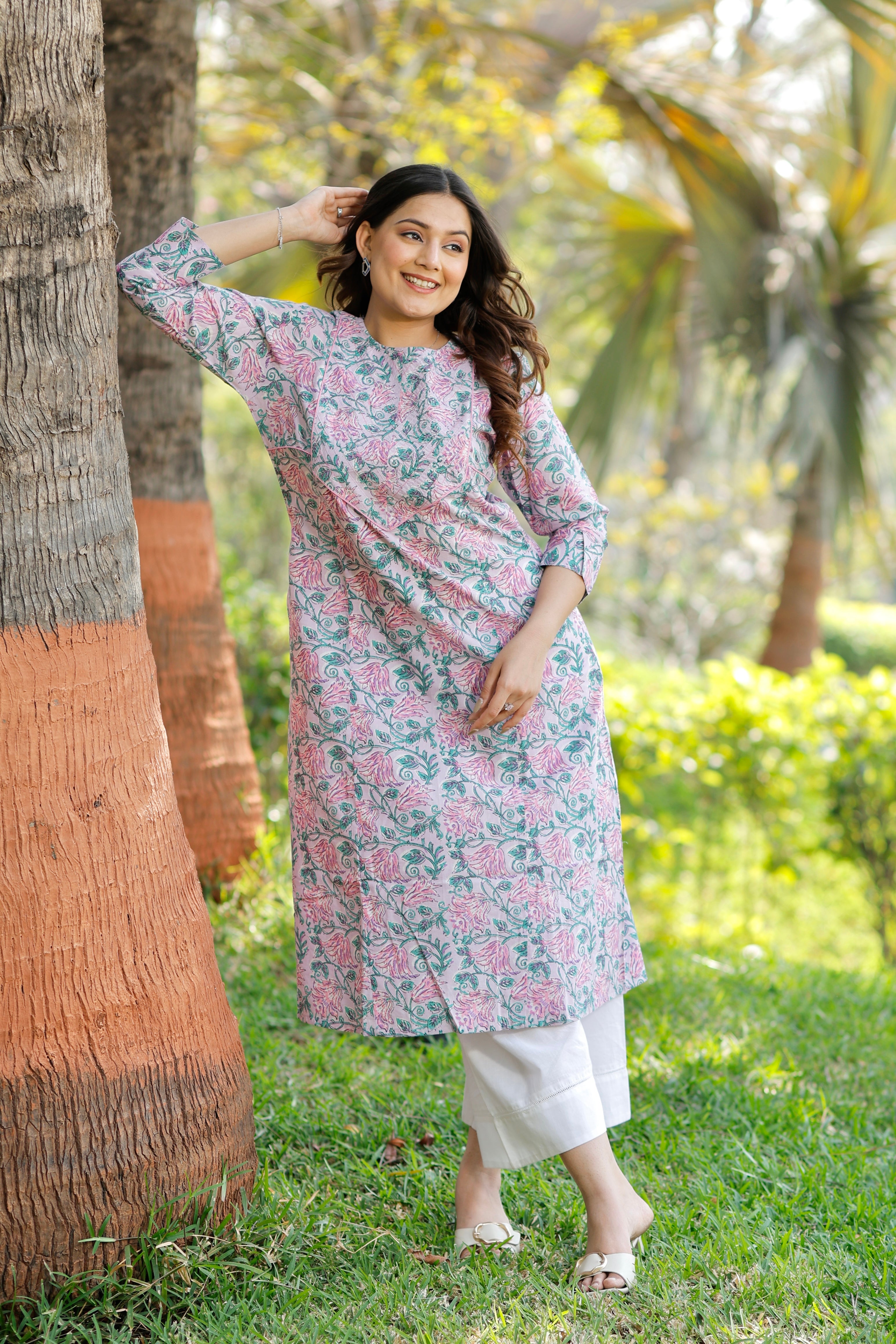 Soft Orchid Hand Block Printed Cotton Kurta