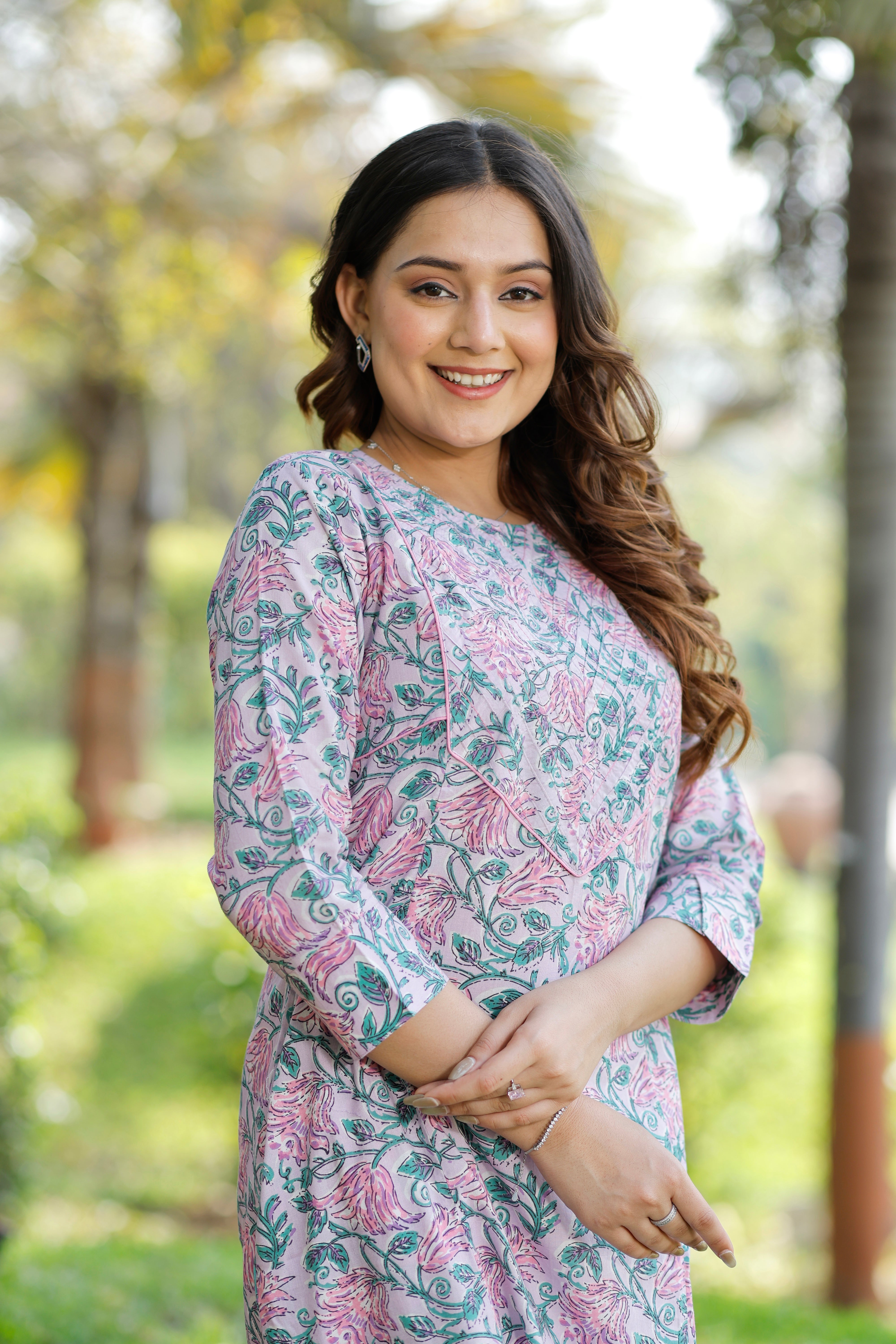 Soft Orchid Hand Block Printed Cotton Kurta