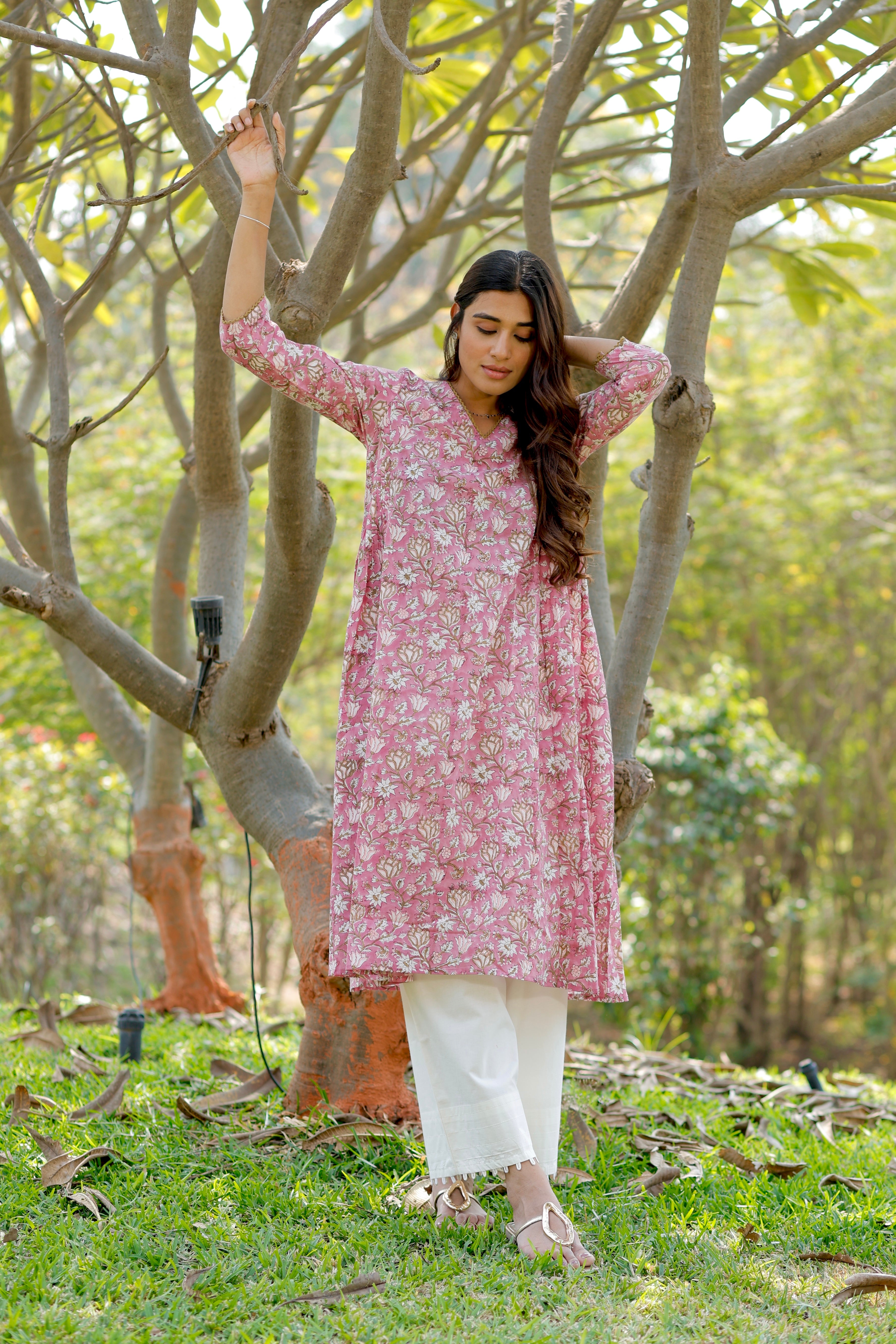 Mauve pink Hand Block Printed Cotton Kurta