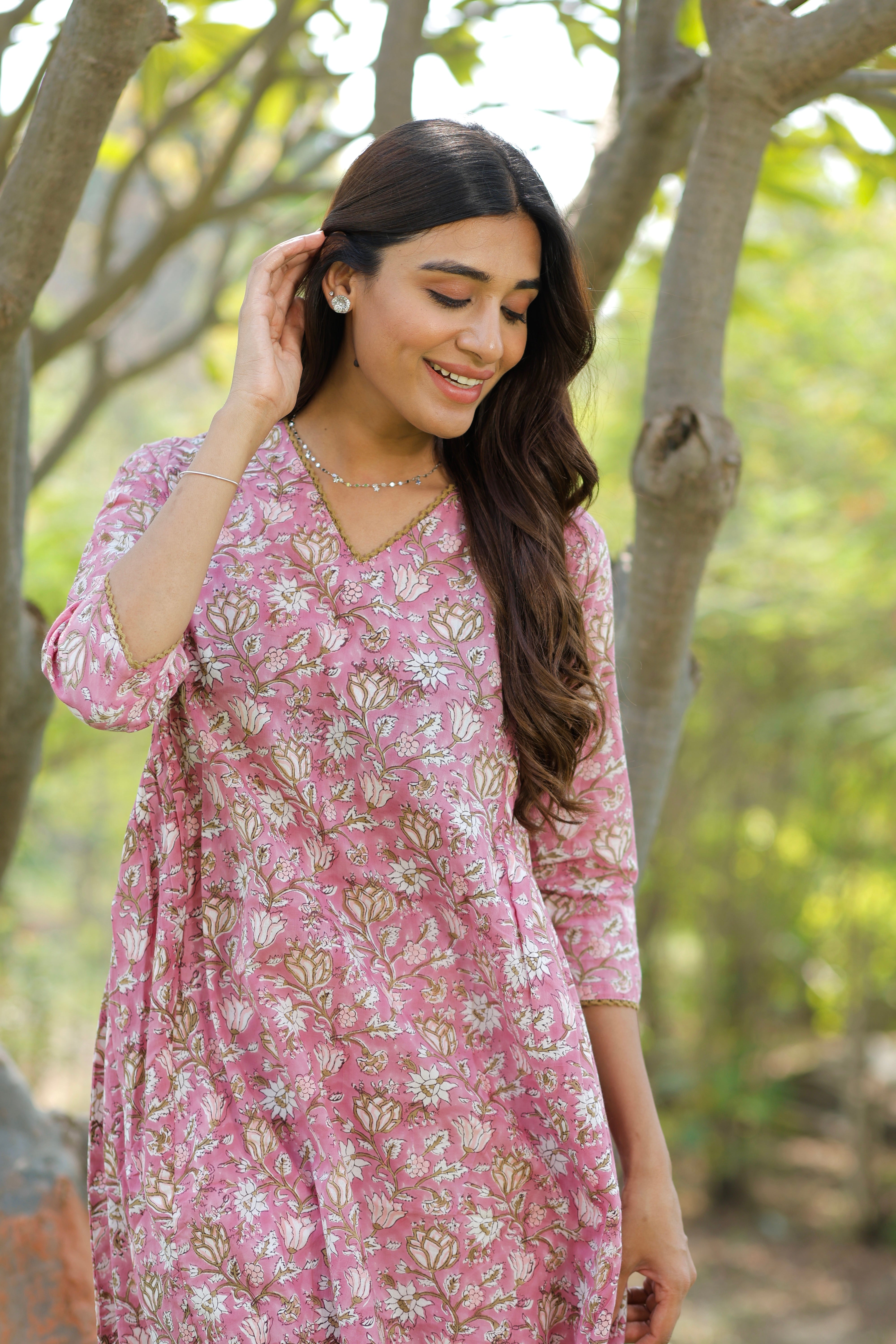 Mauve pink Hand Block Printed Cotton Kurta