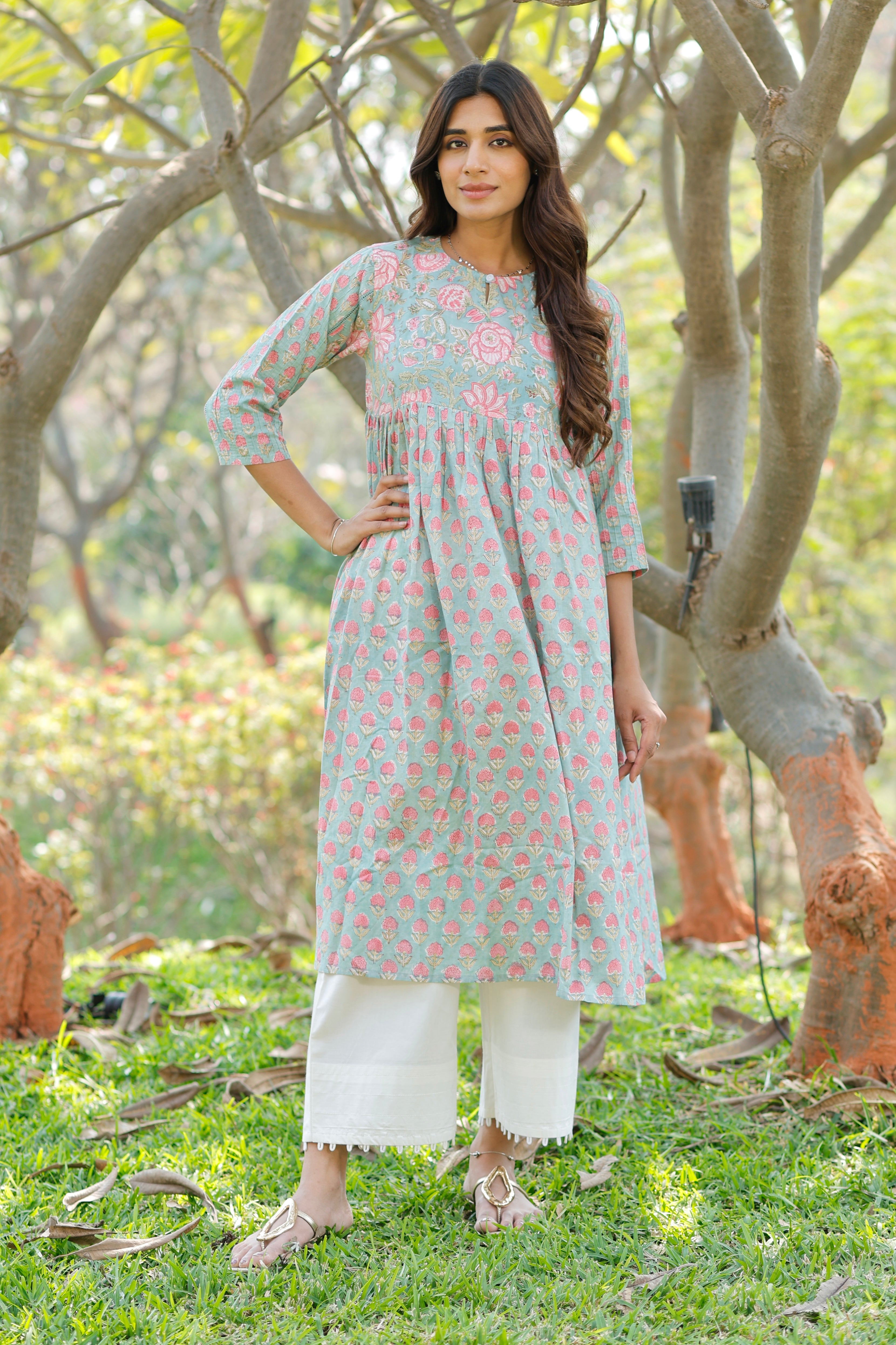 Sweet Blush Blue Hand Block Printed Cotton Kurta