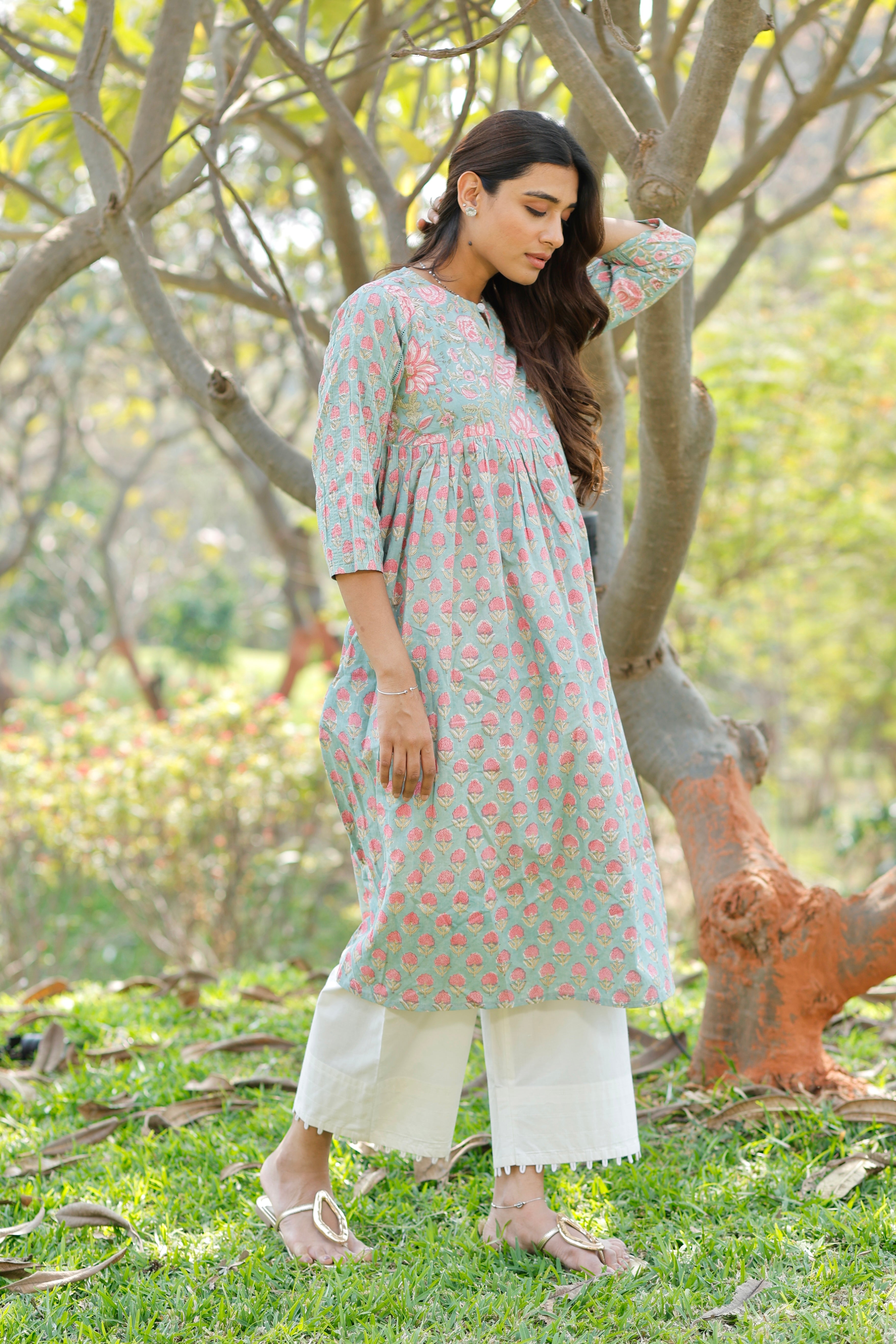 Sweet Blush Blue Hand Block Printed Cotton Kurta