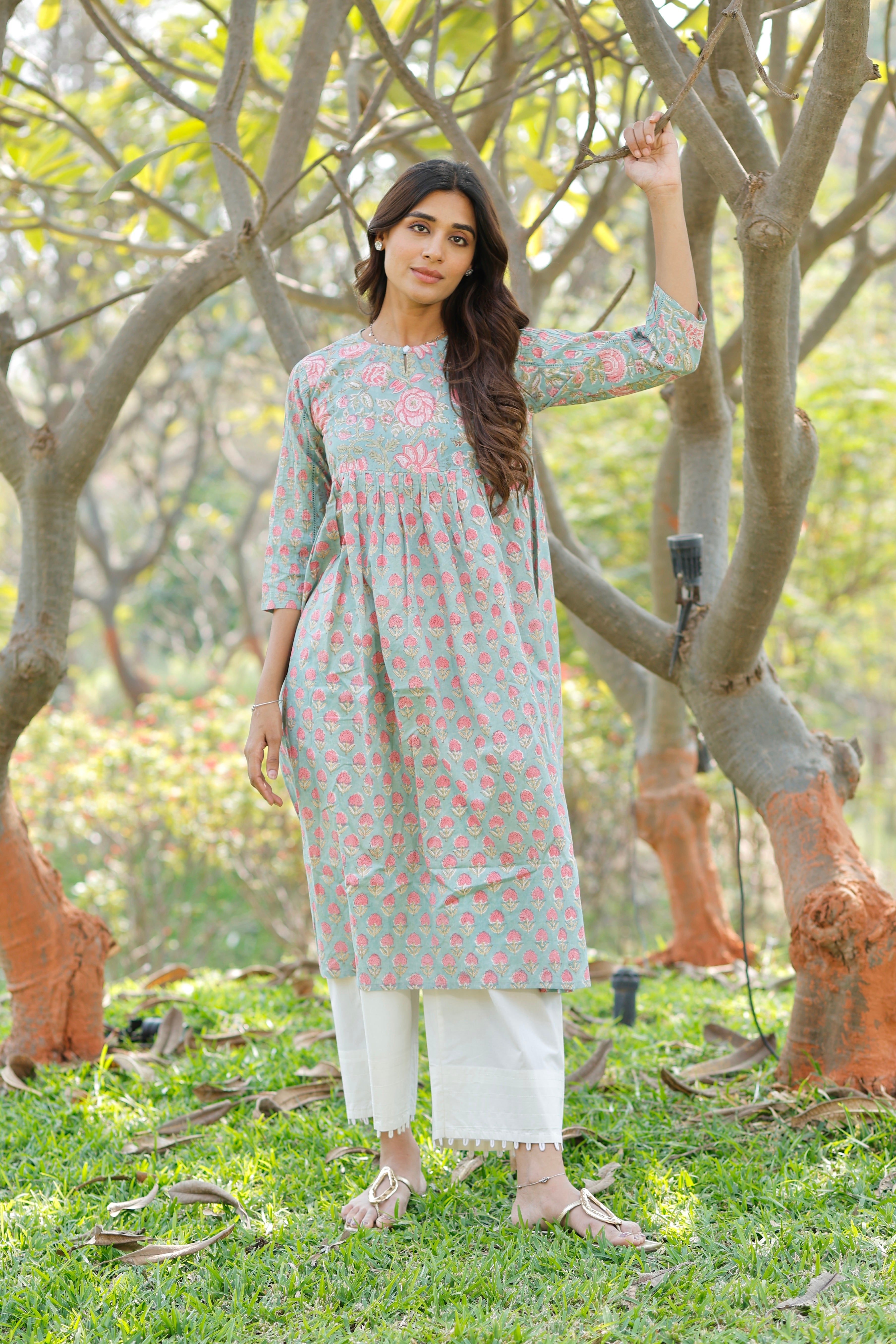 Sweet Blush Blue Hand Block Printed Cotton Kurta