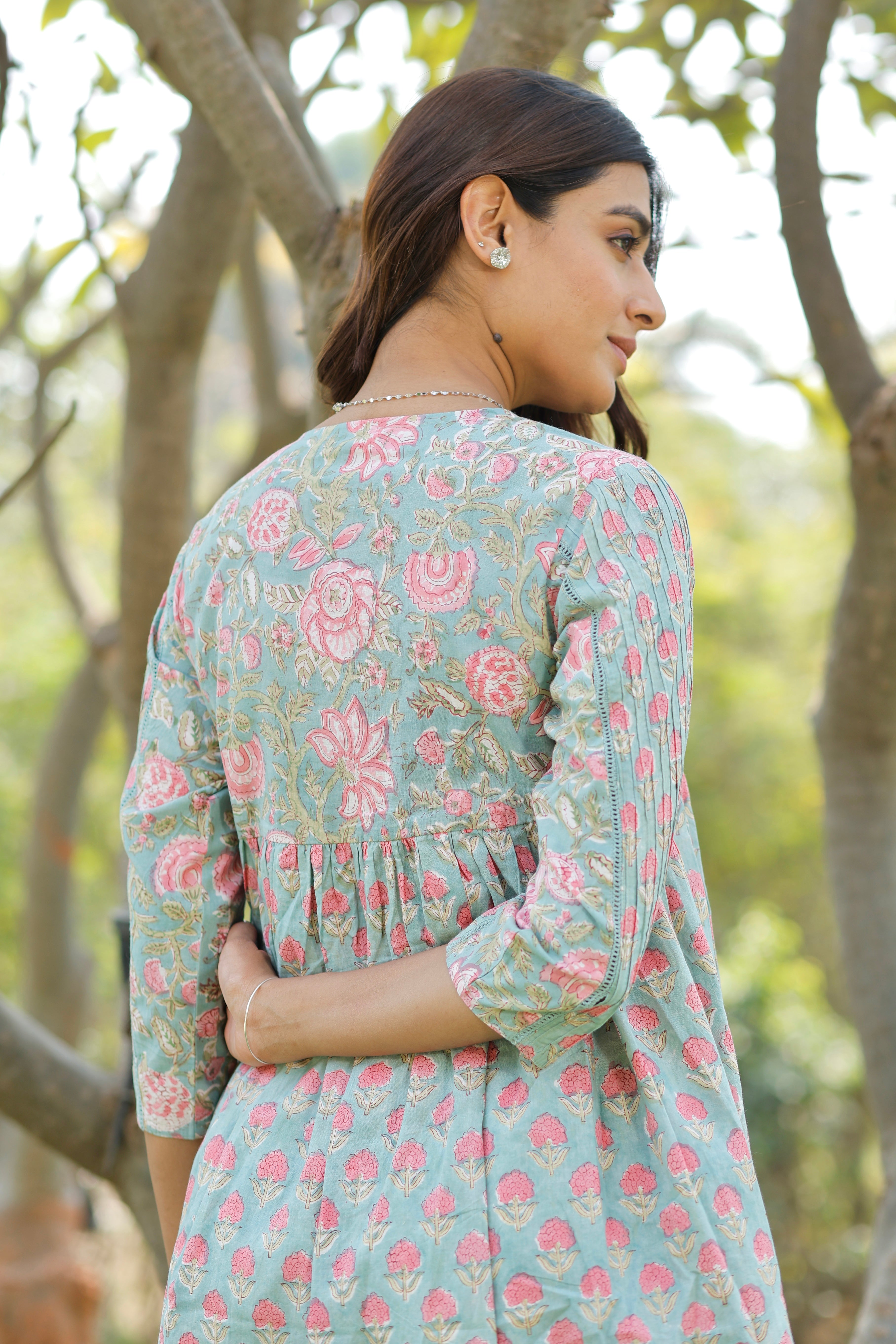 Sweet Blush Blue Hand Block Printed Cotton Kurta