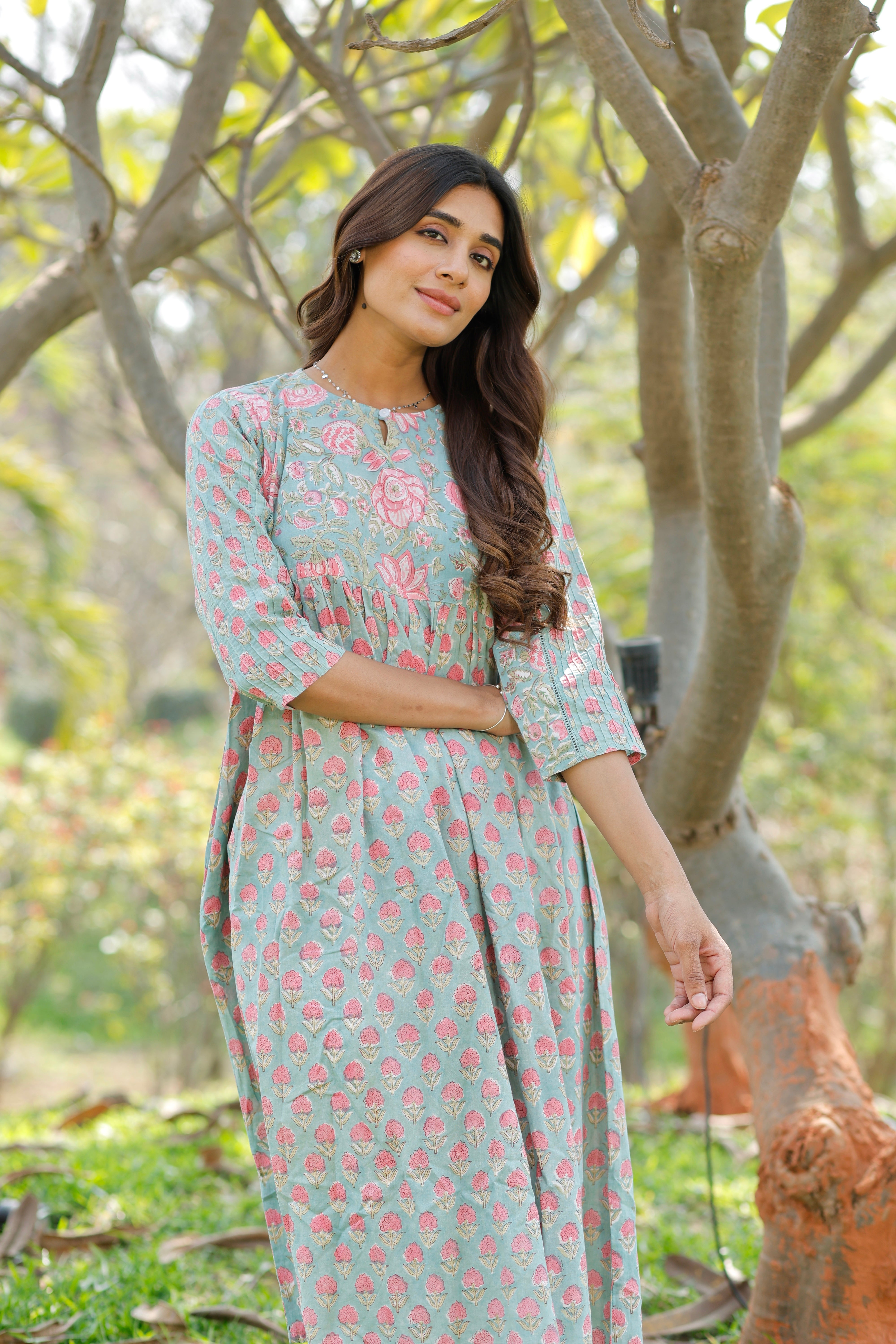 Sweet Blush Blue Hand Block Printed Cotton Kurta